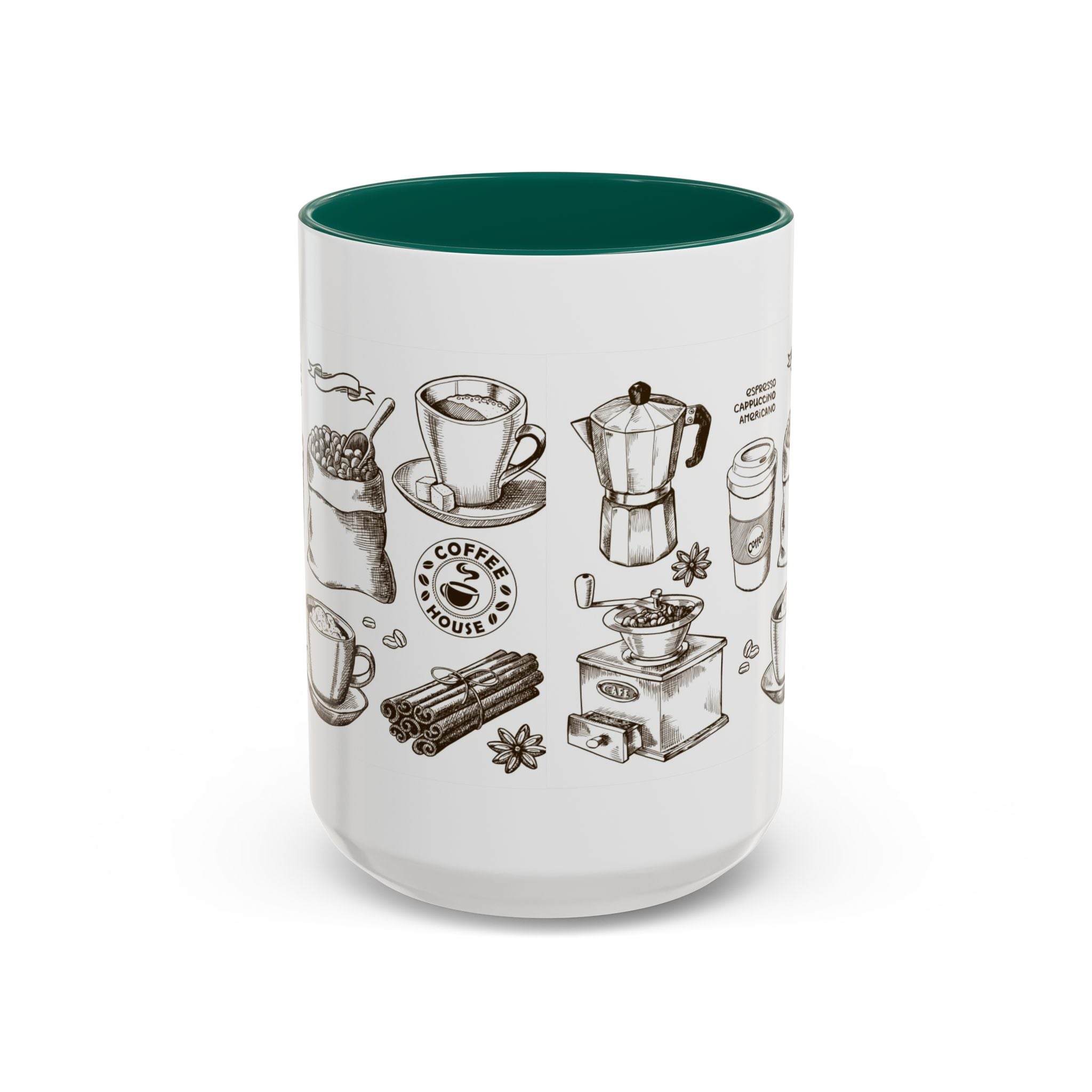 Coffee Pattern Mug — Illustrated Coffee Beans & Brewing Tools (11oz/15oz)