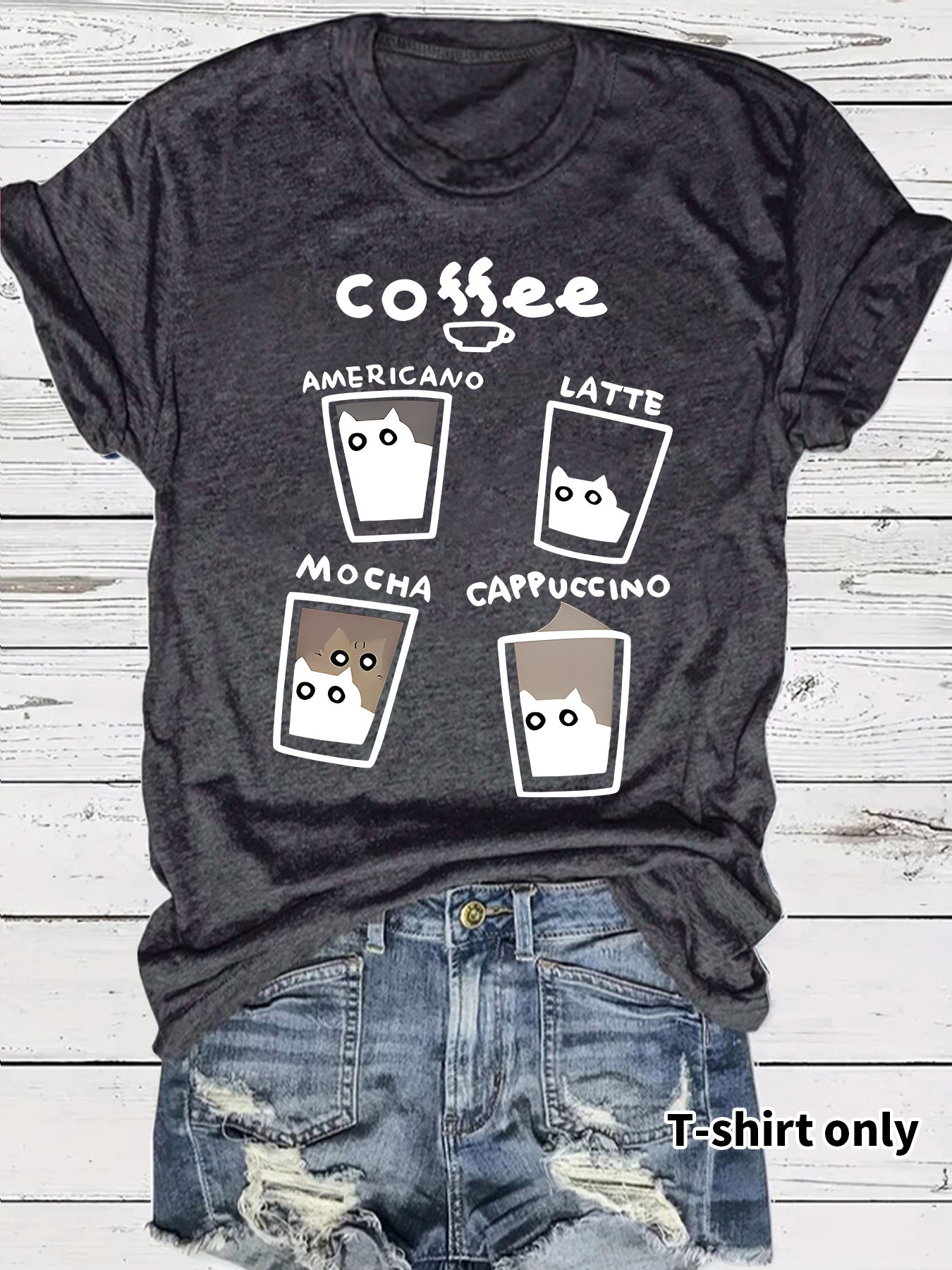 Short sleeved women's t-shirt coffee cup cat pattern print