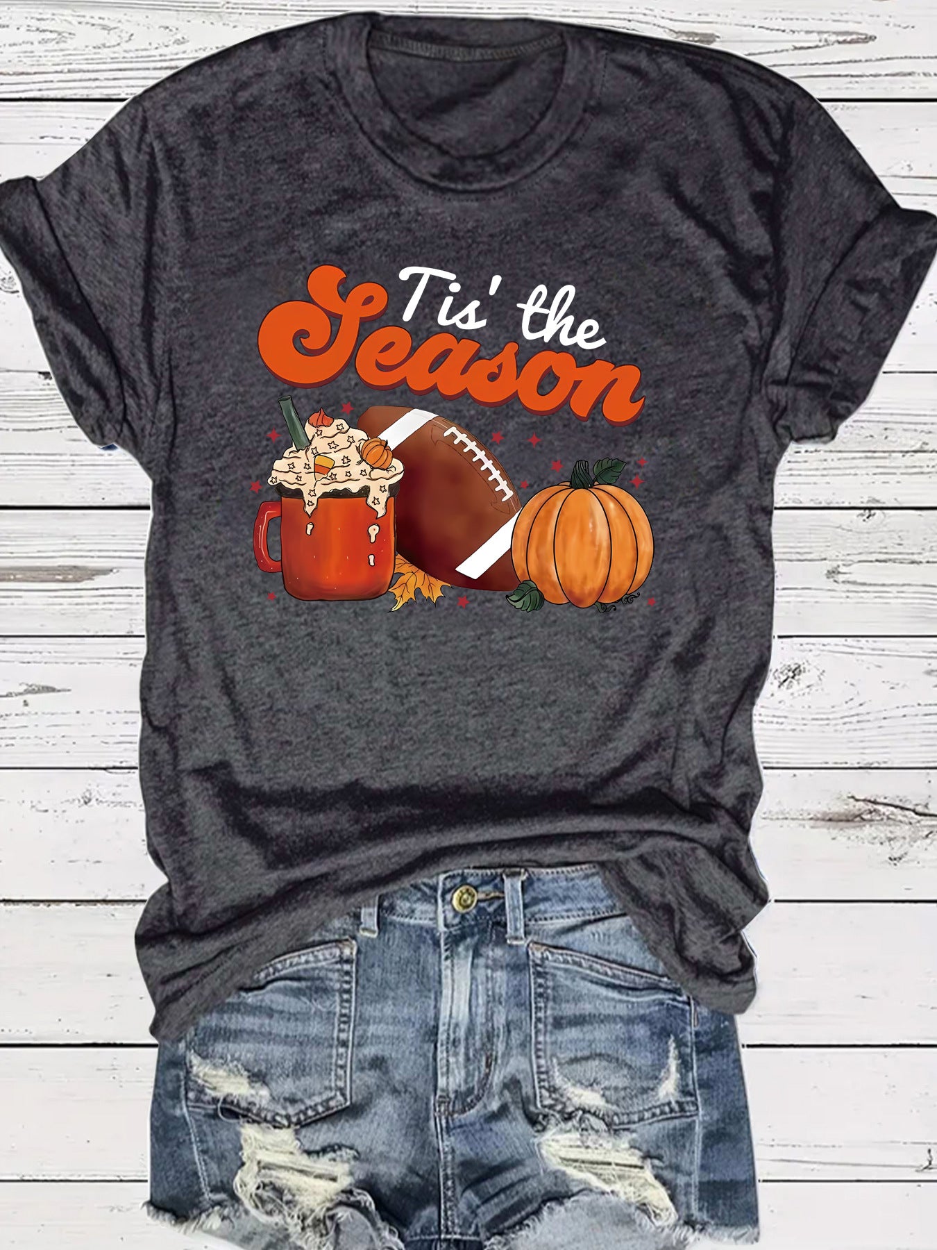 Pumpkin baseball coffee print round neck short sleeved shirt