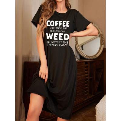 European Women's Fun Coffee Slogan Printed Casual Dress Short Sleeve Round Neck Loose T-Shirt Nightgown Dress