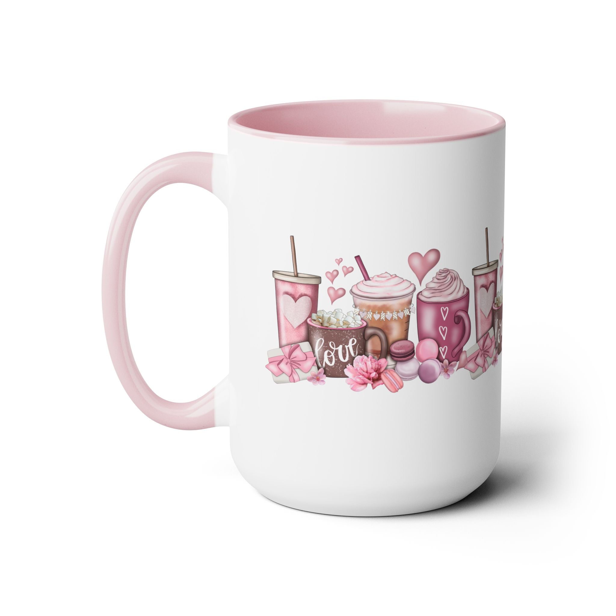 Love Coffee Two-Tone Coffee Mugs, 15oz #Coffee #HotCoffee HotCoffeeClothing.com #ValentinesDay