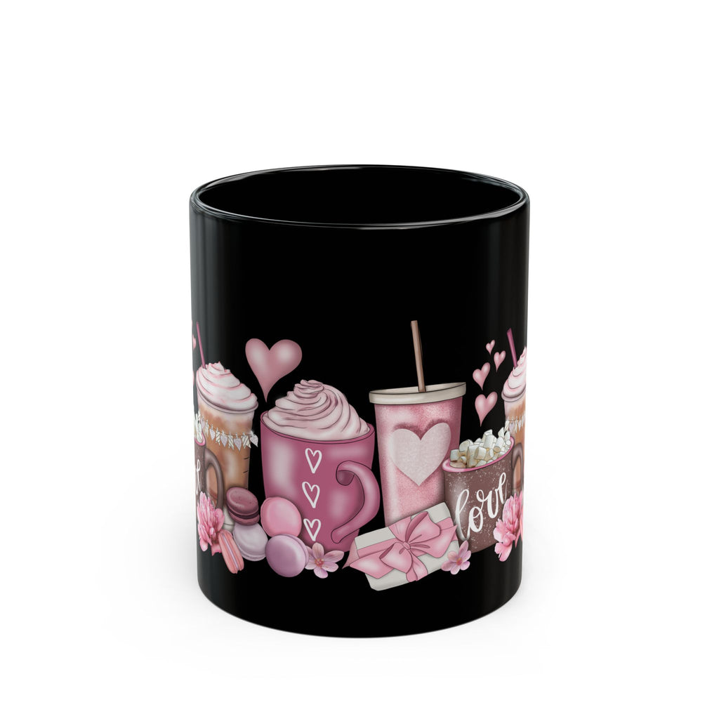 Valentine’s Coffee Love Black Mug — Pink Hot Chocolate & Cocoa Design (11oz/15oz)
