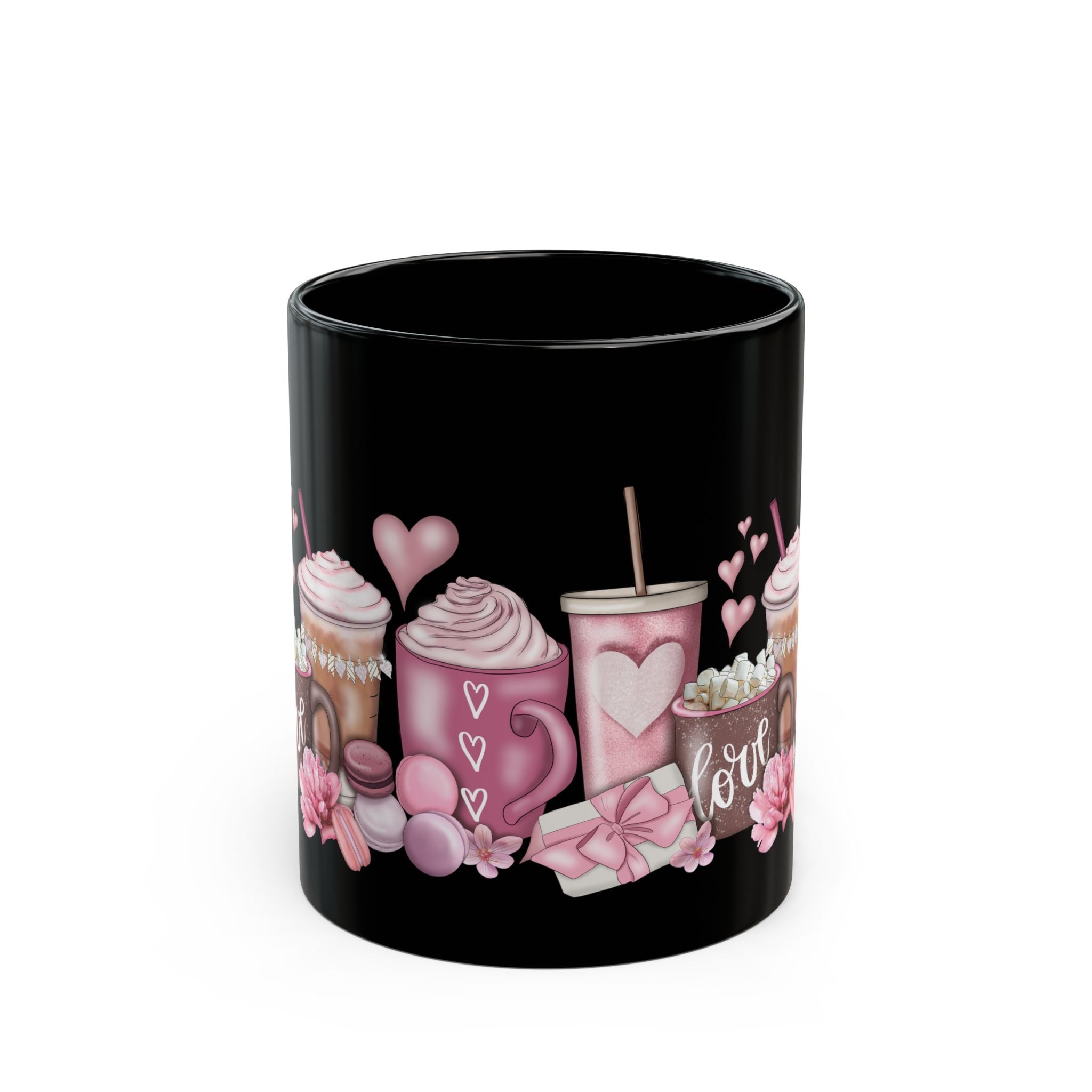 Valentine’s Coffee Love Black Mug — Pink Hot Chocolate & Cocoa Design (11oz/15oz)
