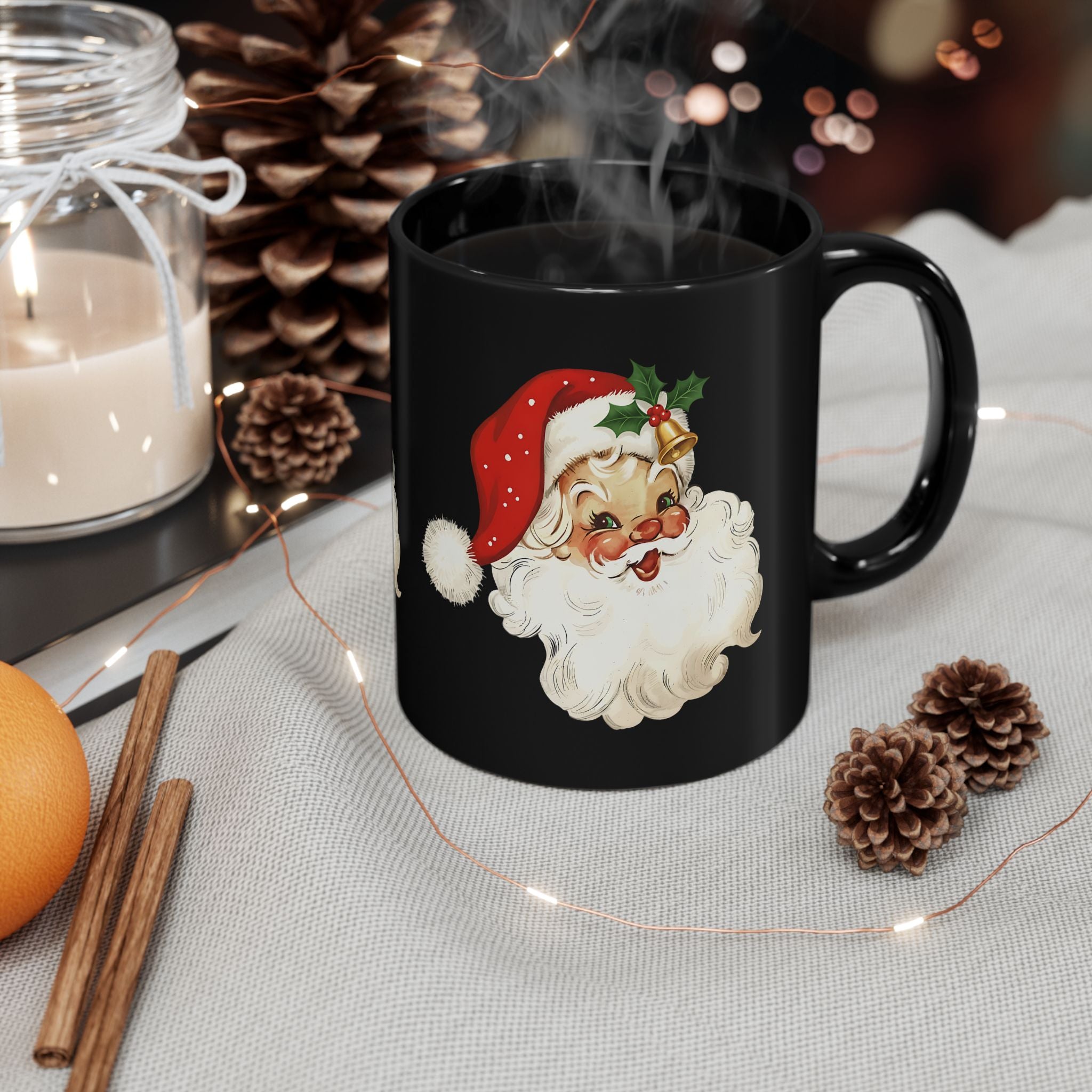 Santa Claus Black Mug - Holiday Coffee Cup, Gift for Christmas, Cute Mug for Winter Celebrations, Festive Drinkware, Santa Face Design