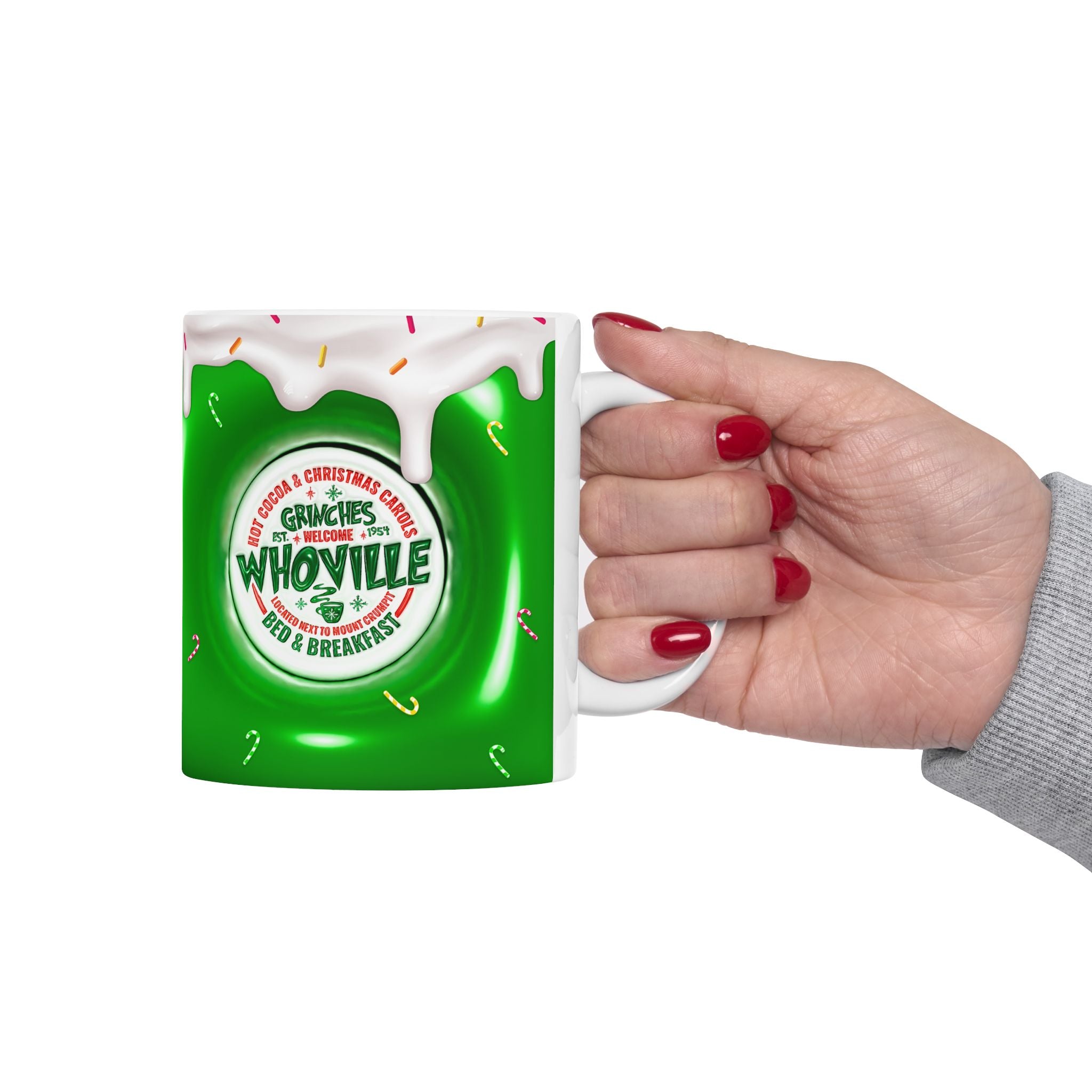 Whoville Christmas Dripping Frosting Mug | Holiday Green Candy Cane Ceramic Mug
