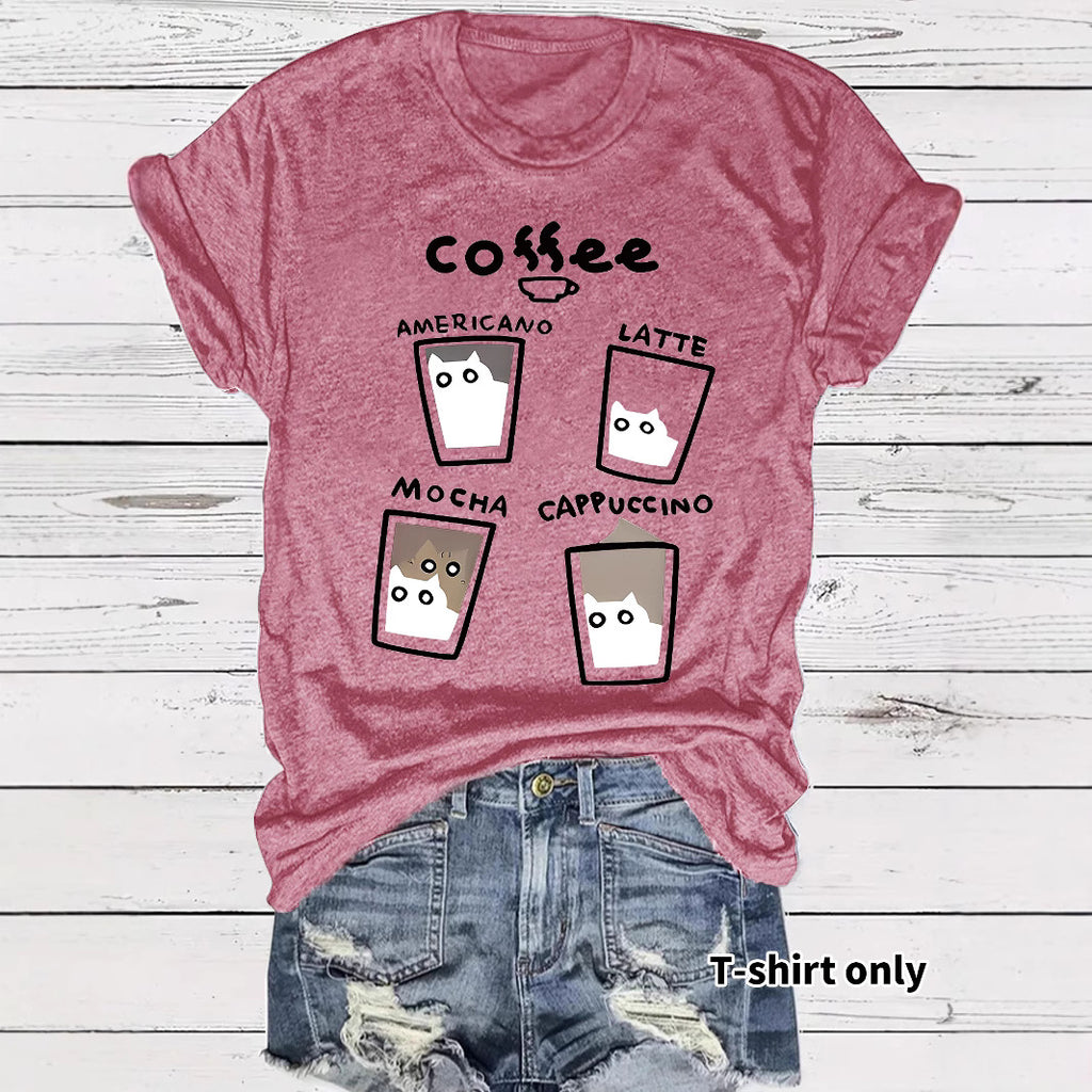 Short sleeved women's t-shirt coffee cup cat pattern print