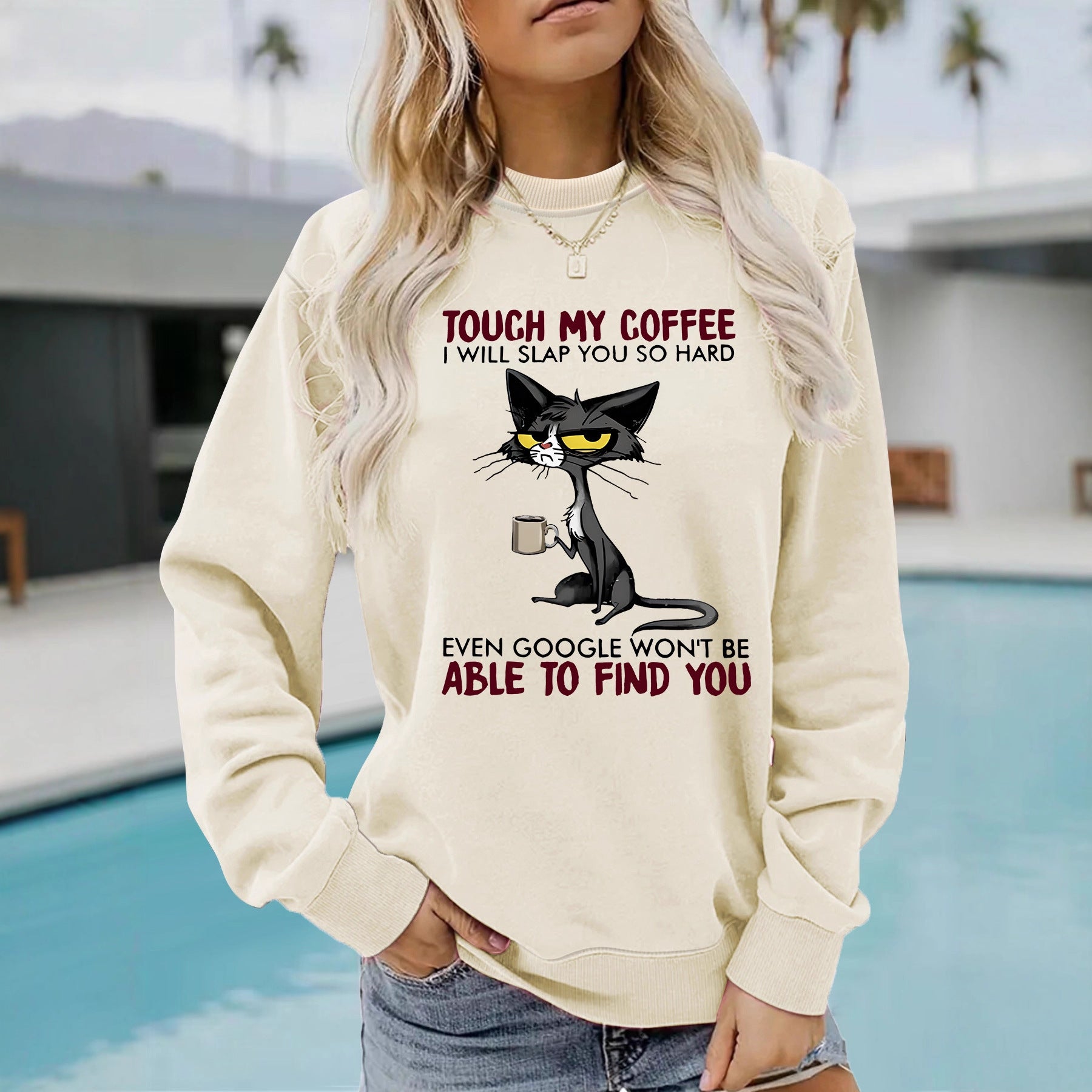 Coffee Cat Pattern Printed Hoodie