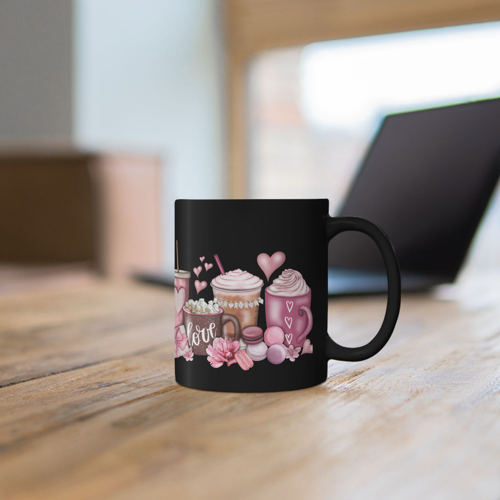 Valentine’s Coffee Love Black Mug — Pink Hot Chocolate & Cocoa Design (11oz/15oz)