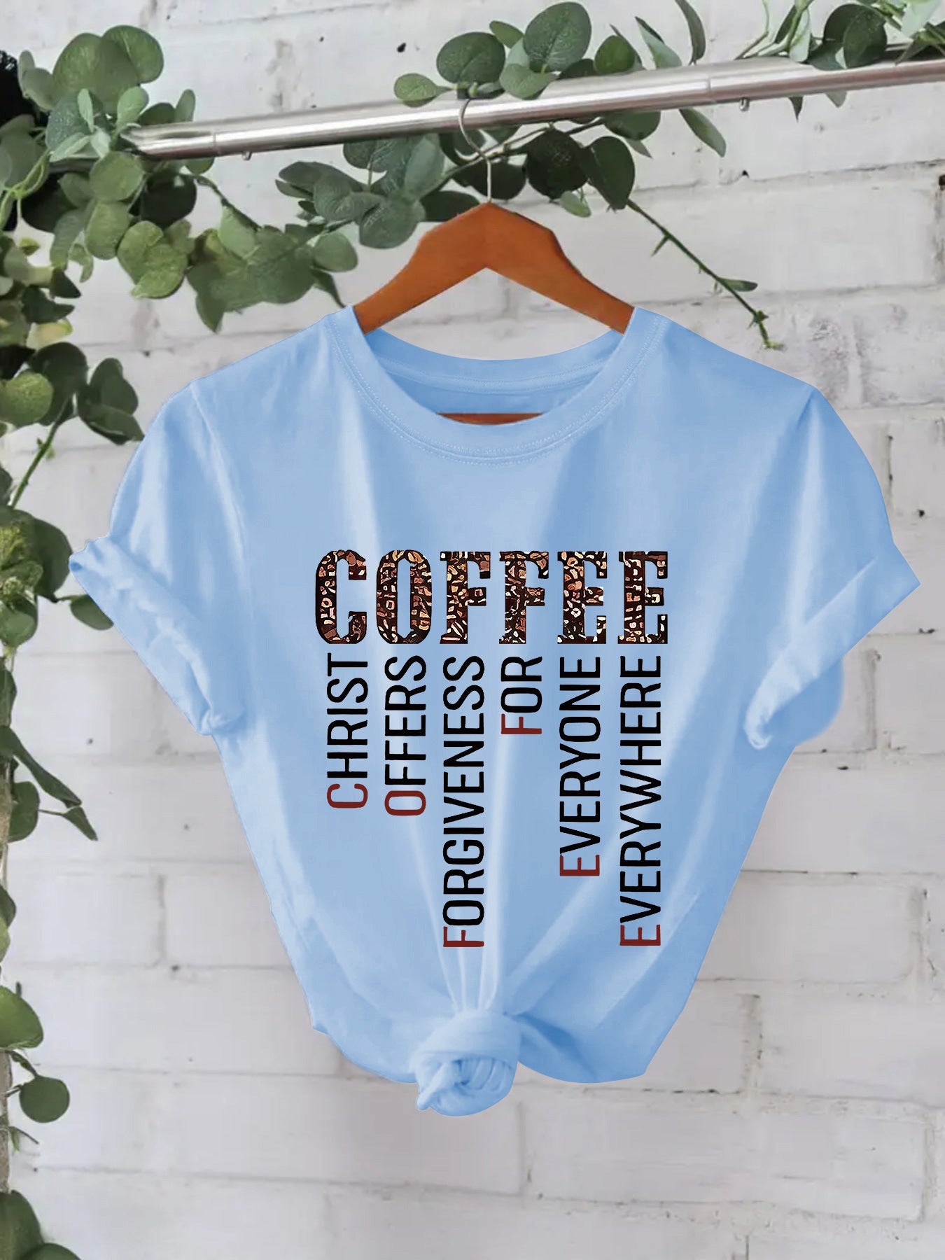 COFFEE printed pure cotton round neck loose short sleeved shirt