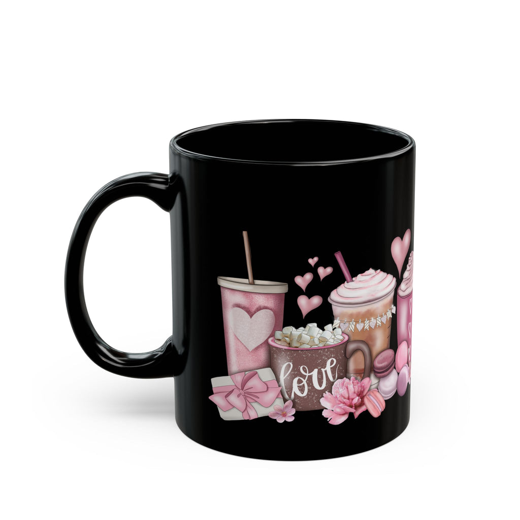 Valentine’s Coffee Love Black Mug — Pink Hot Chocolate & Cocoa Design (11oz/15oz)