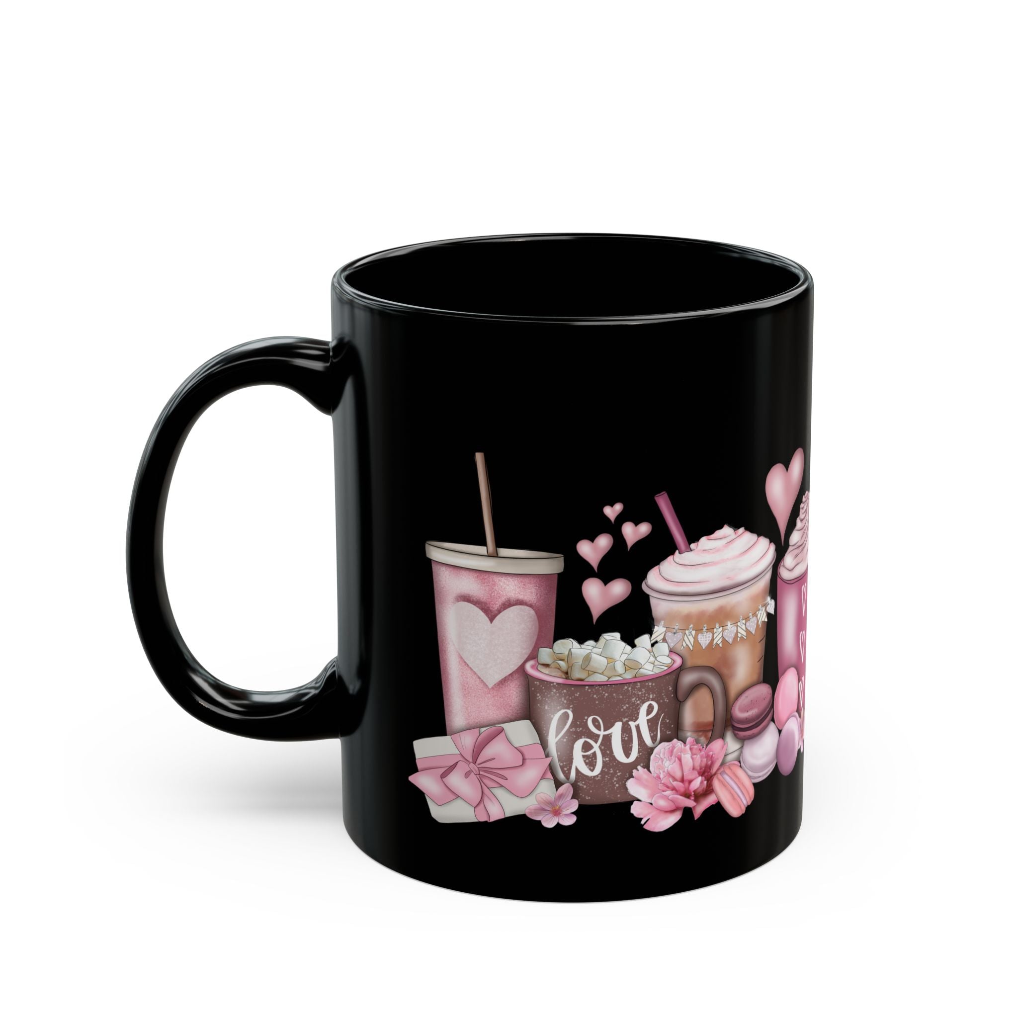 Valentine’s Coffee Love Black Mug — Pink Hot Chocolate & Cocoa Design (11oz/15oz)