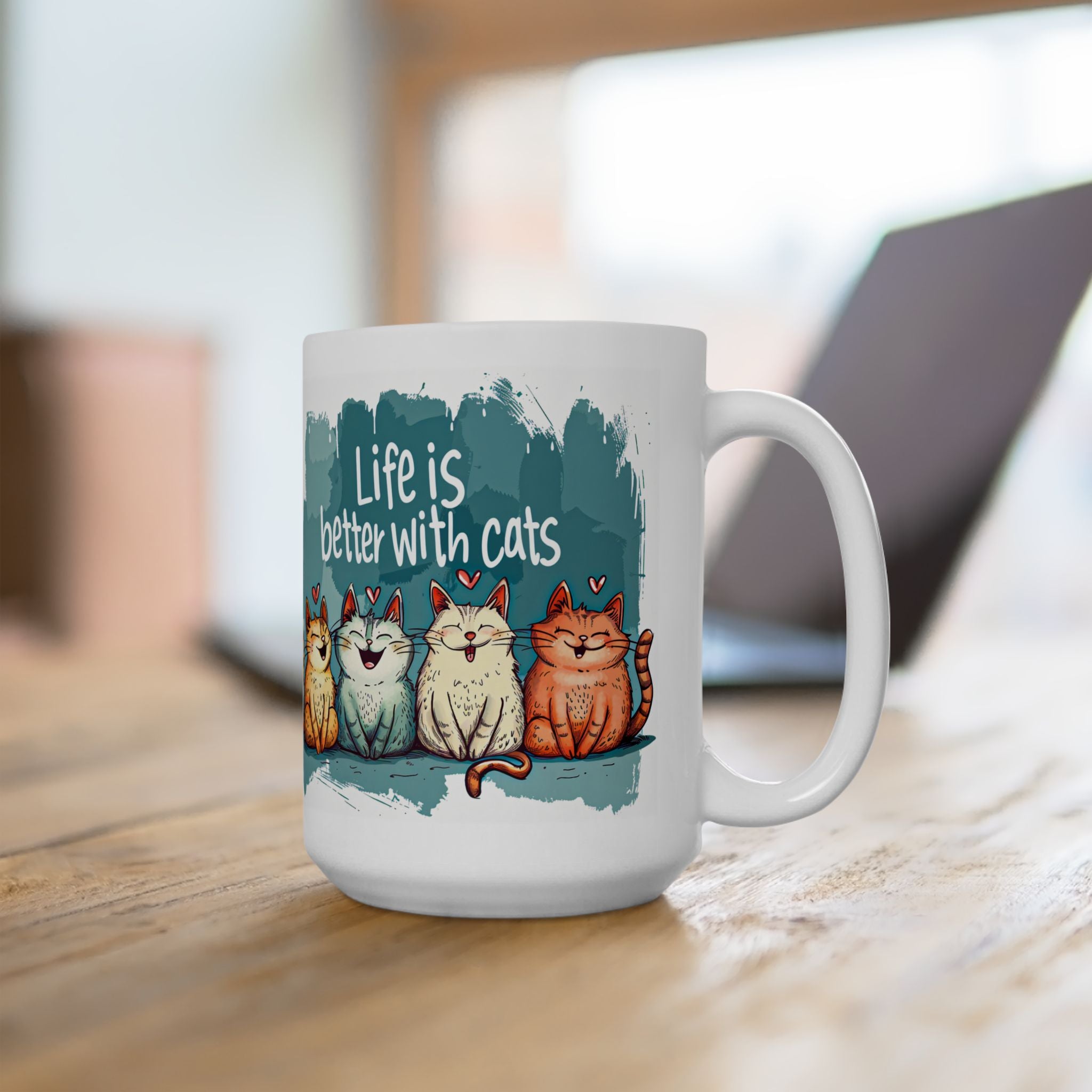 Life Is Better With Cats Mug | Cute Trio Cat Illustration Ceramic Mug