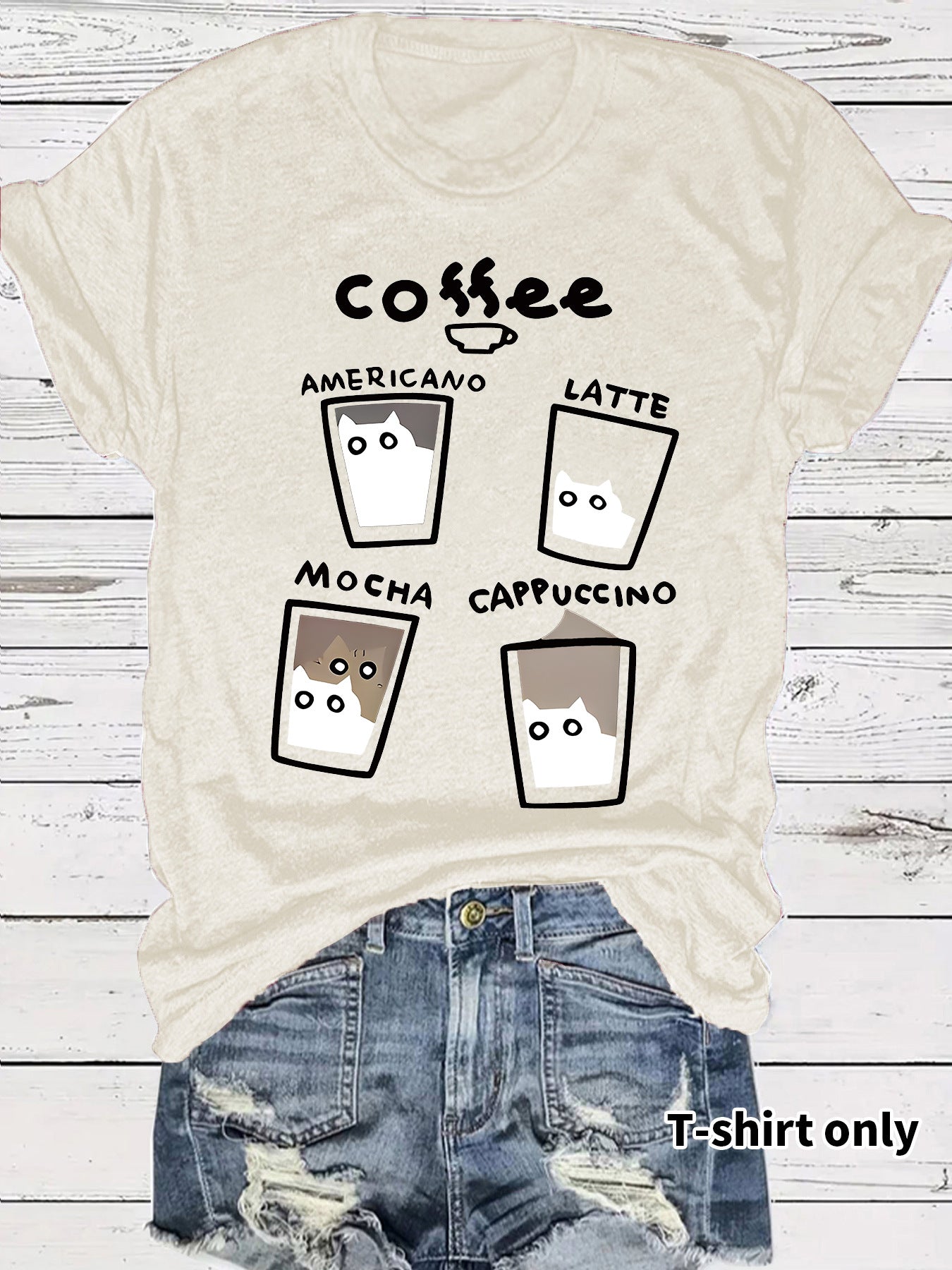 Short sleeved women's t-shirt coffee cup cat pattern print
