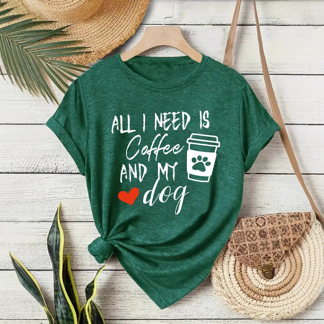 Short sleeved T-shirt with women's coffee and dog pattern round neck short sleeved shirt