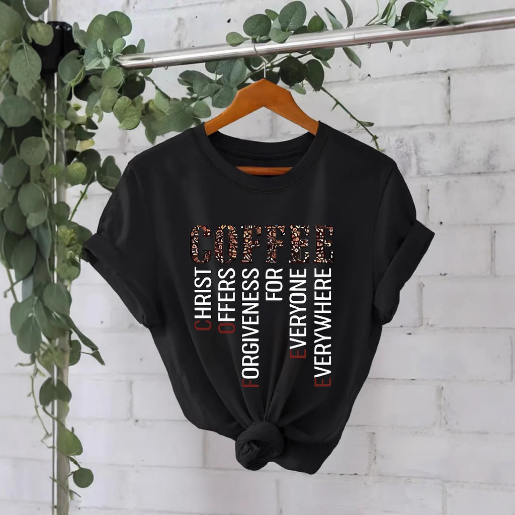 COFFEE printed pure cotton round neck loose short sleeved shirt