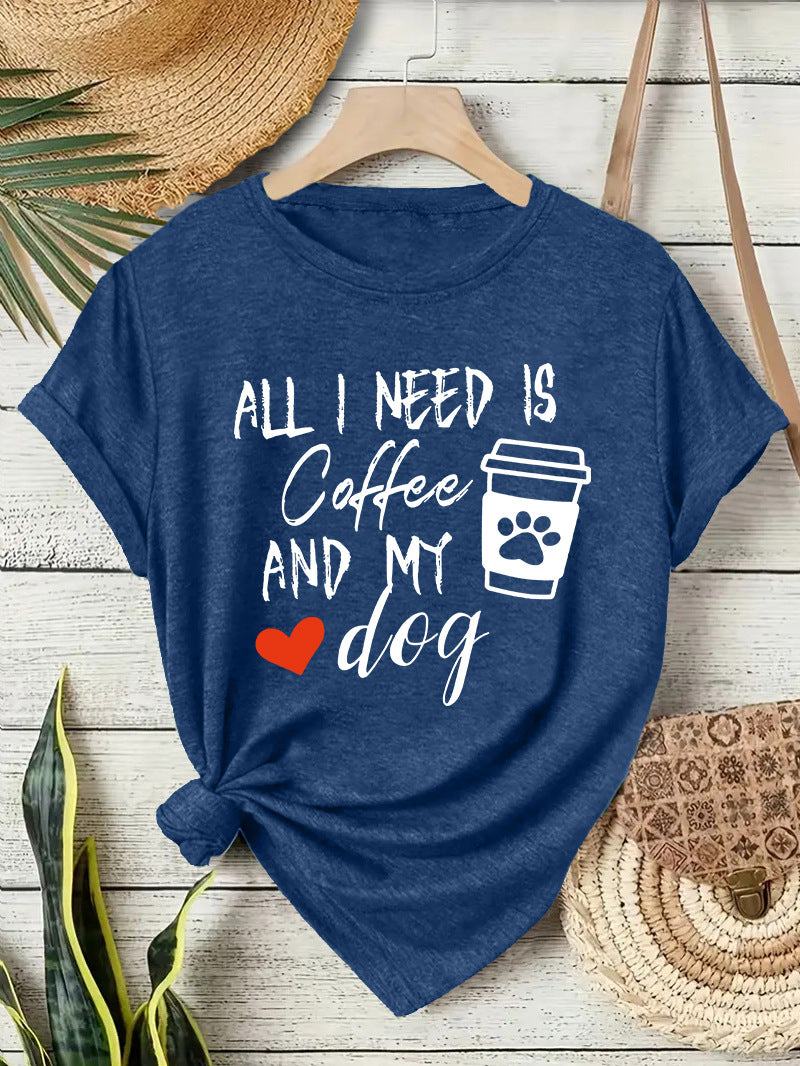 Short sleeved T-shirt with women's coffee and dog pattern round neck short sleeved shirt