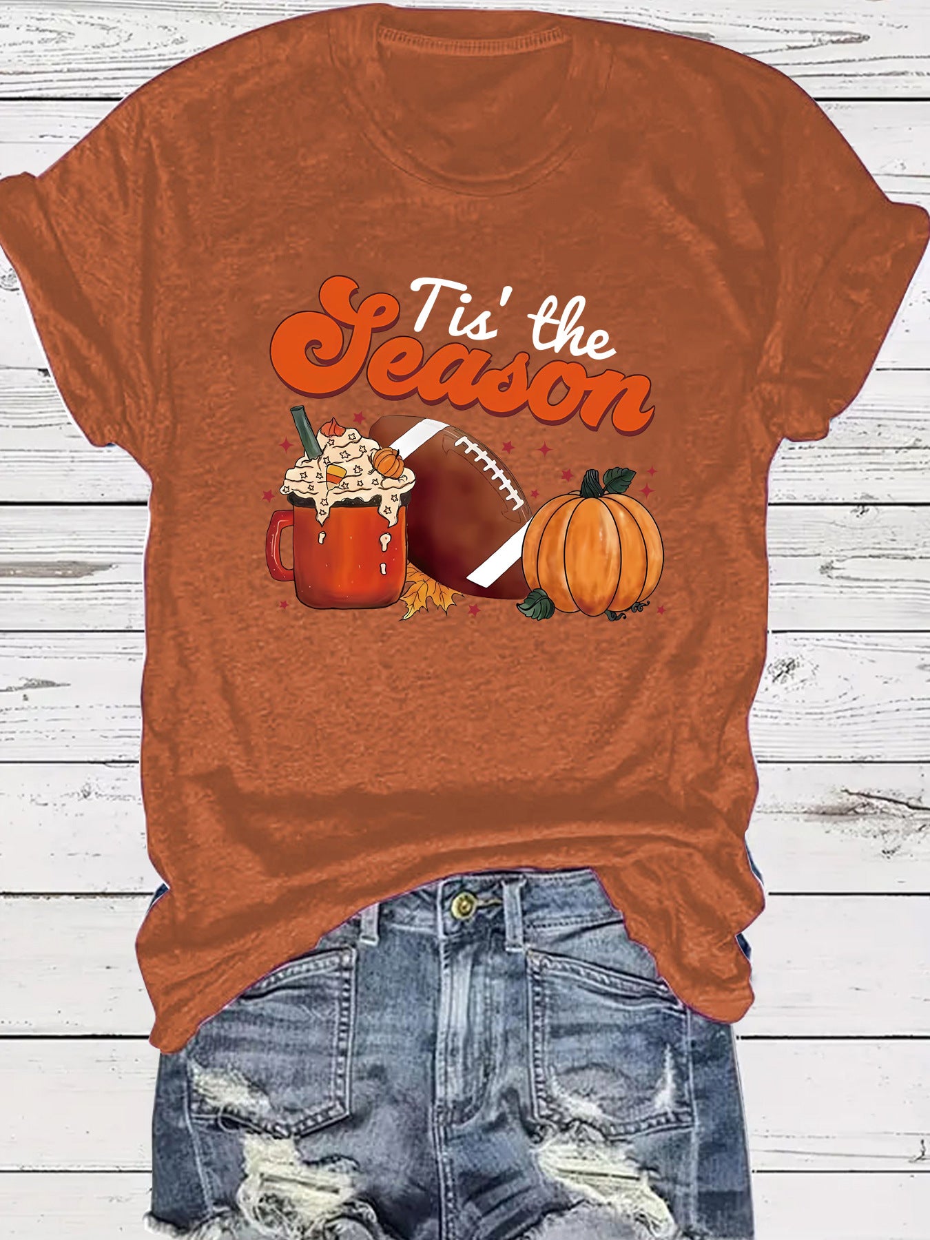 Pumpkin baseball coffee print round neck short sleeved shirt