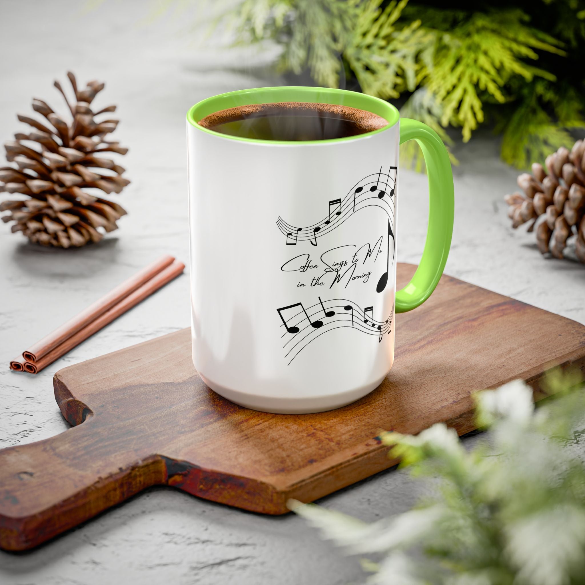 Music Notes Ceramic Mug — "She Sings to Me in the Morning" (11oz/15oz)