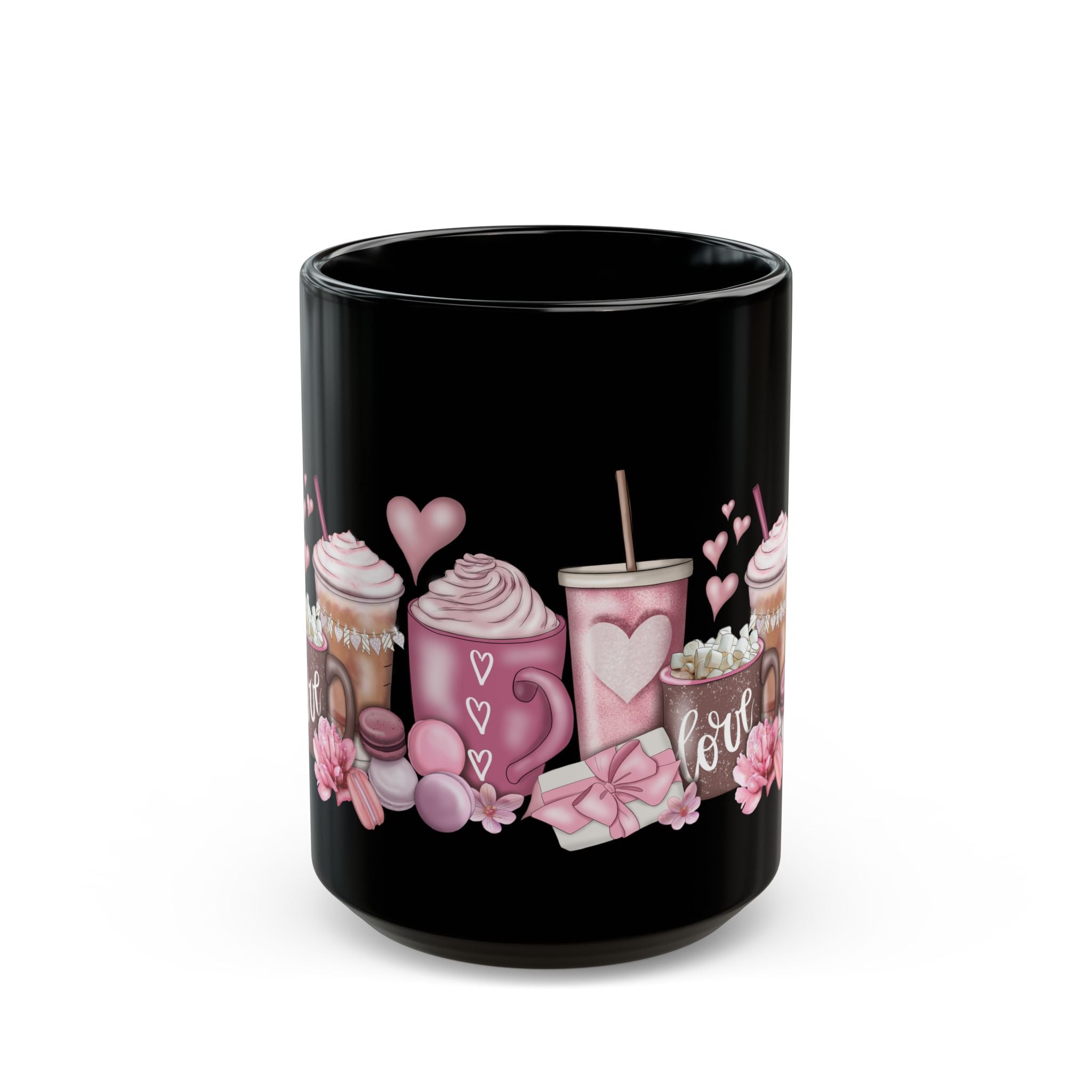 Valentine’s Coffee Love Black Mug — Pink Hot Chocolate & Cocoa Design (11oz/15oz)