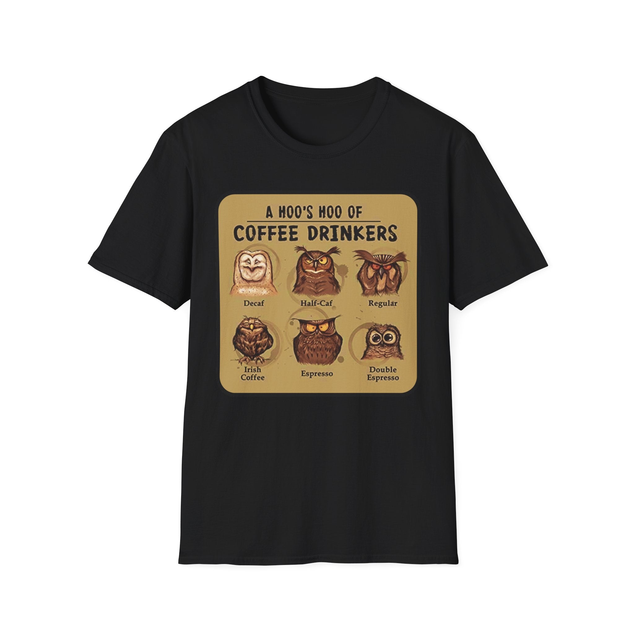 Coffee Owl Types T-Shirt | A Hoo's Hoo of Coffee Drinkers