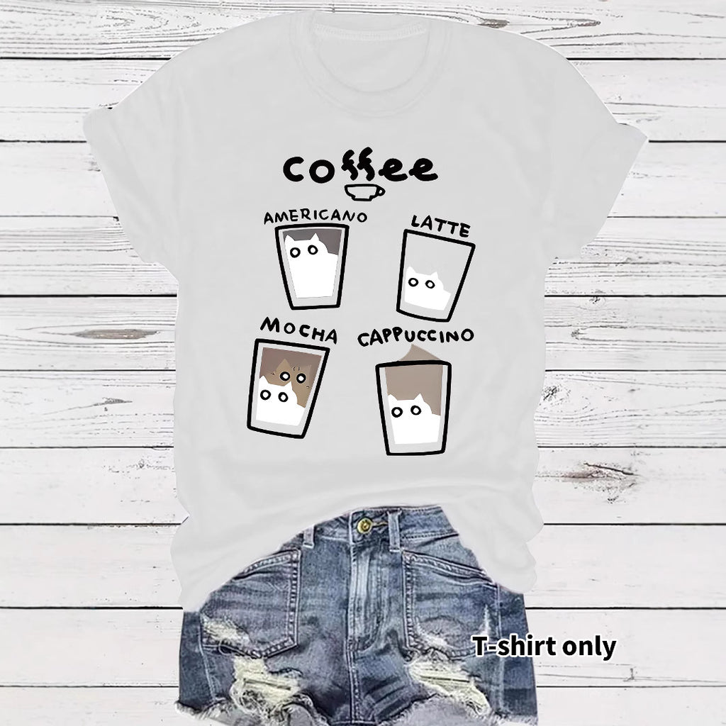 Short sleeved women's t-shirt coffee cup cat pattern print