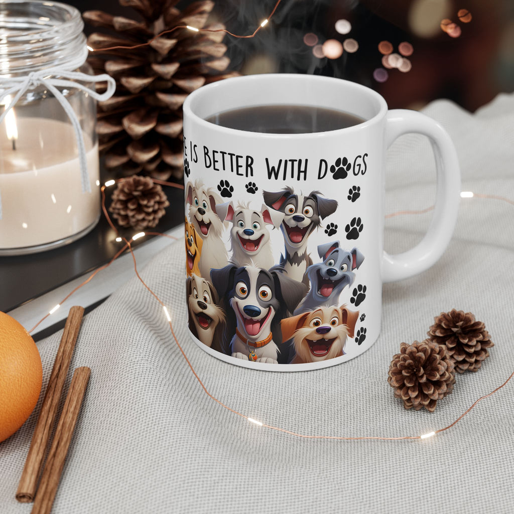 Happy Cartoon Dogs Life Is Better With Dogs Mug | Ceramic Coffee Cup