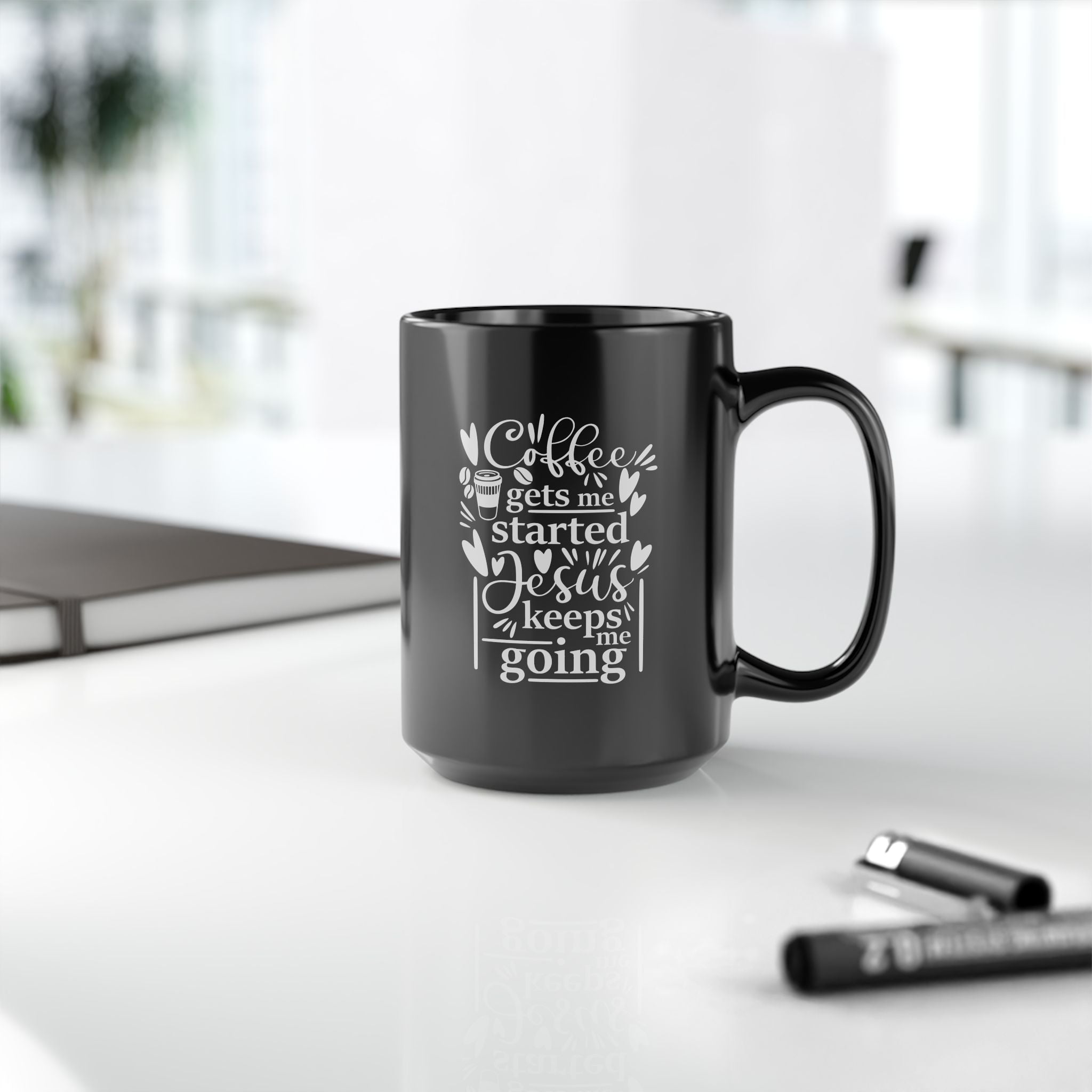 Coffee Gets Me Started, Jesus Keeps Me Going Black Ceramic Mug (11oz, 15oz)