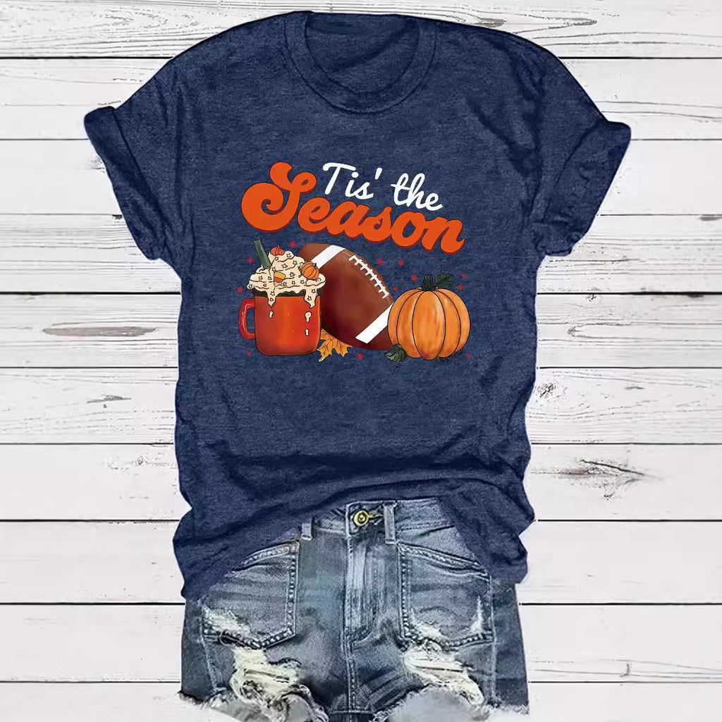 Pumpkin baseball coffee print round neck short sleeved shirt