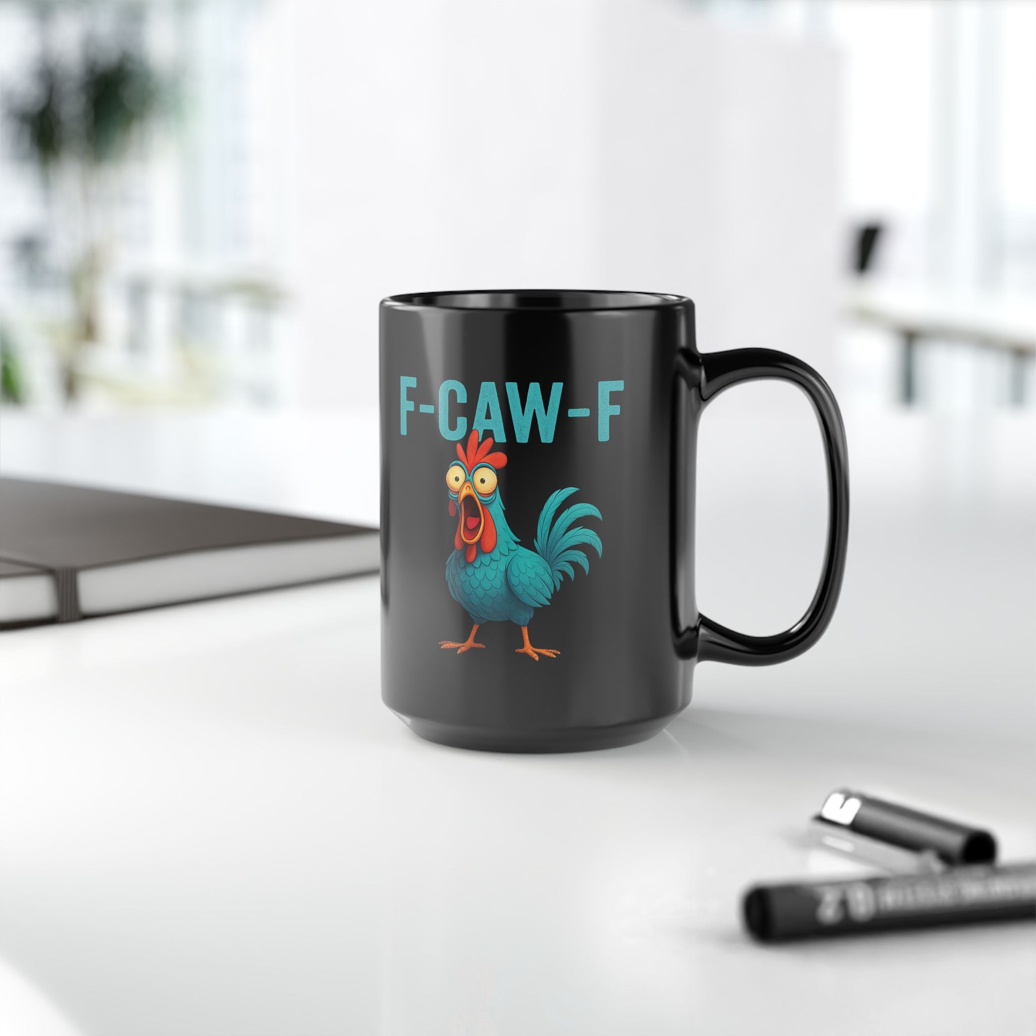 F-CAW-F Rooster Coffee Mug — Funny Farm Animal Black Mug