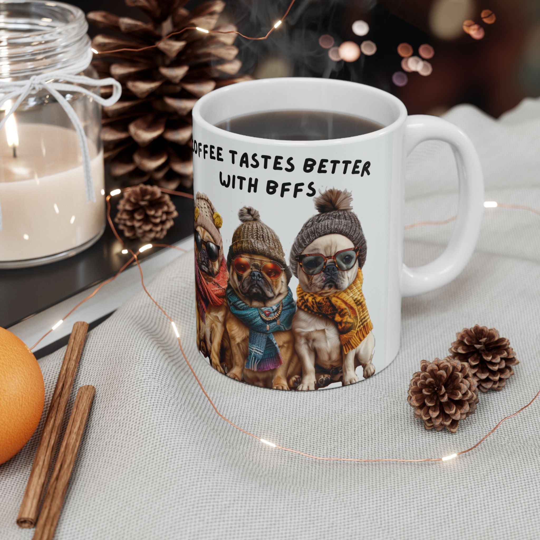 Coffee Mug — "Coffee Tastes Better With Pugs" Cute Pug Winter Beanie Ceramic Mug (11oz, 15oz)