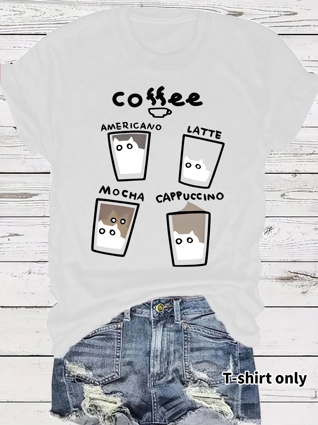 Short sleeved women's t-shirt coffee cup cat pattern print