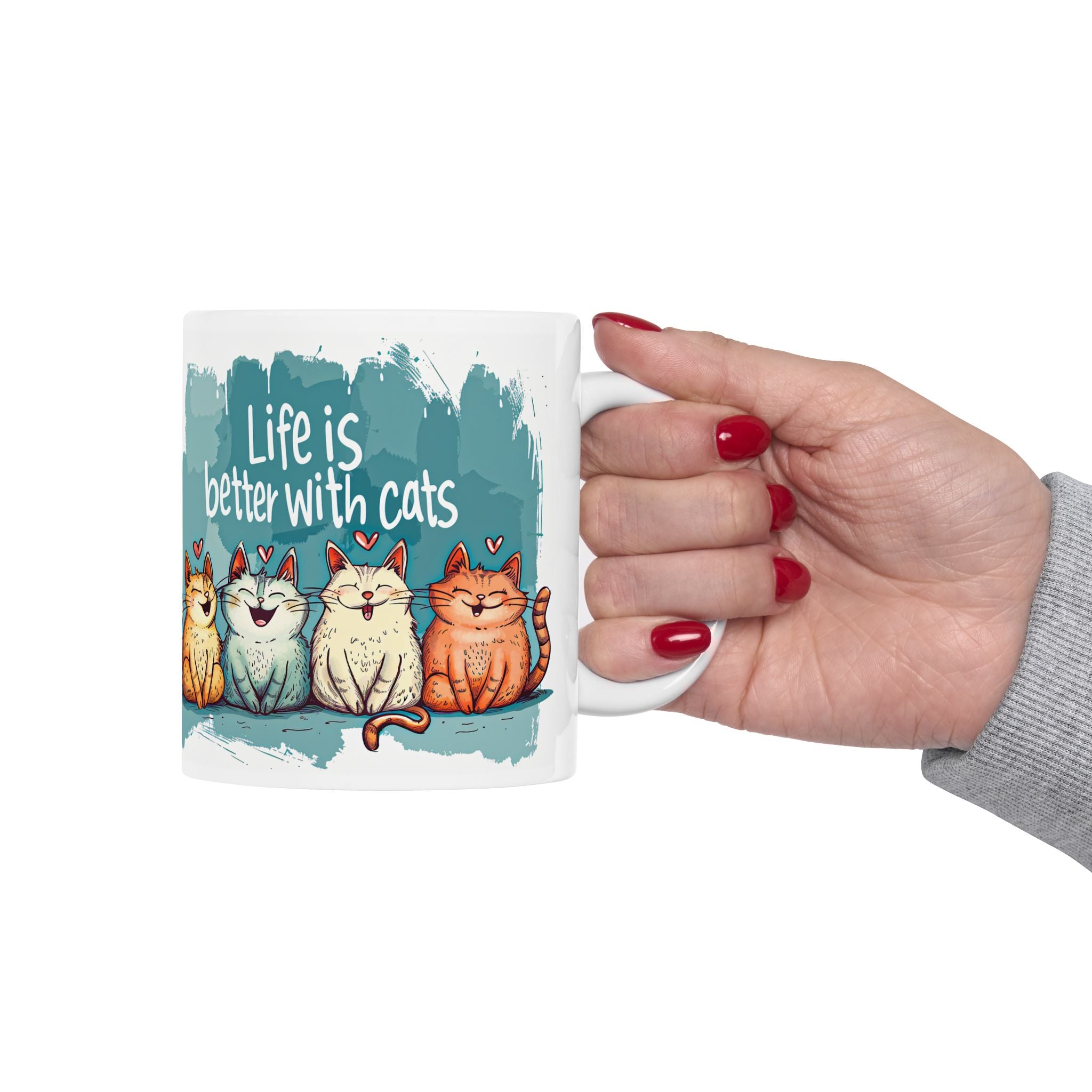 Life Is Better With Cats Mug | Cute Trio Cat Illustration Ceramic Mug