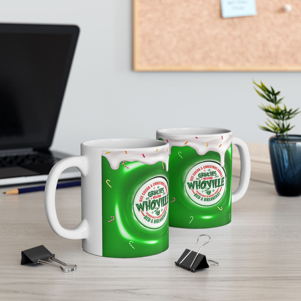 Whoville Christmas Dripping Frosting Mug | Holiday Green Candy Cane Ceramic Mug
