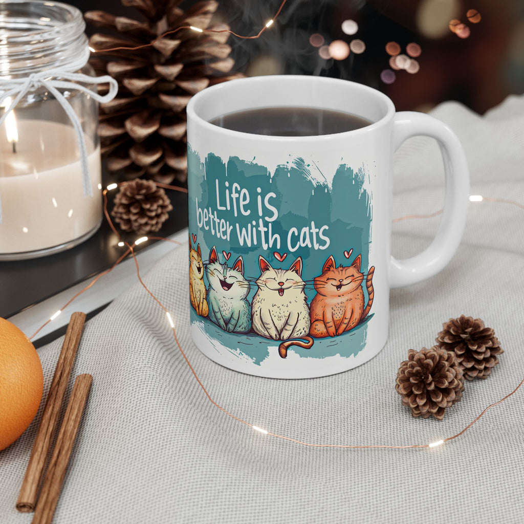 Life Is Better With Cats Mug | Cute Trio Cat Illustration Ceramic Mug