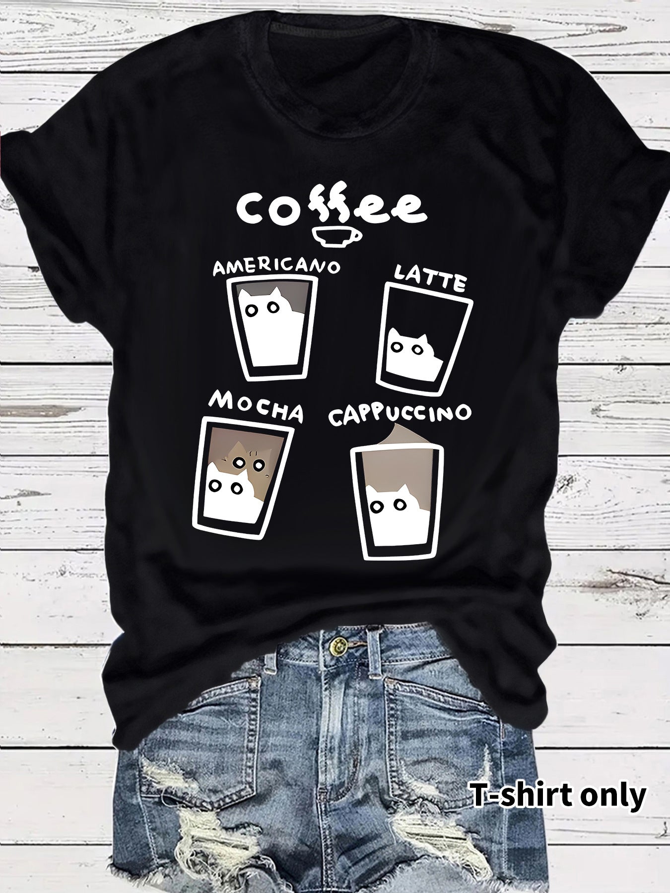 Short sleeved women's t-shirt coffee cup cat pattern print