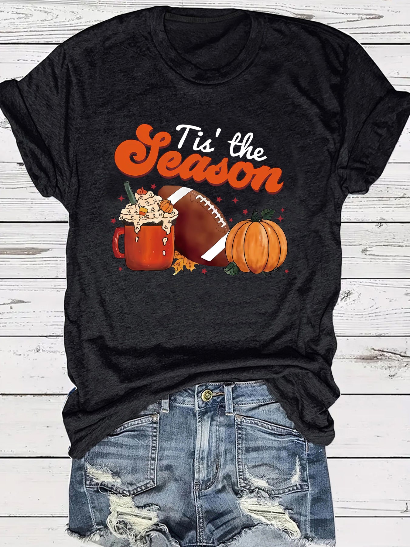 Pumpkin baseball coffee print round neck short sleeved shirt