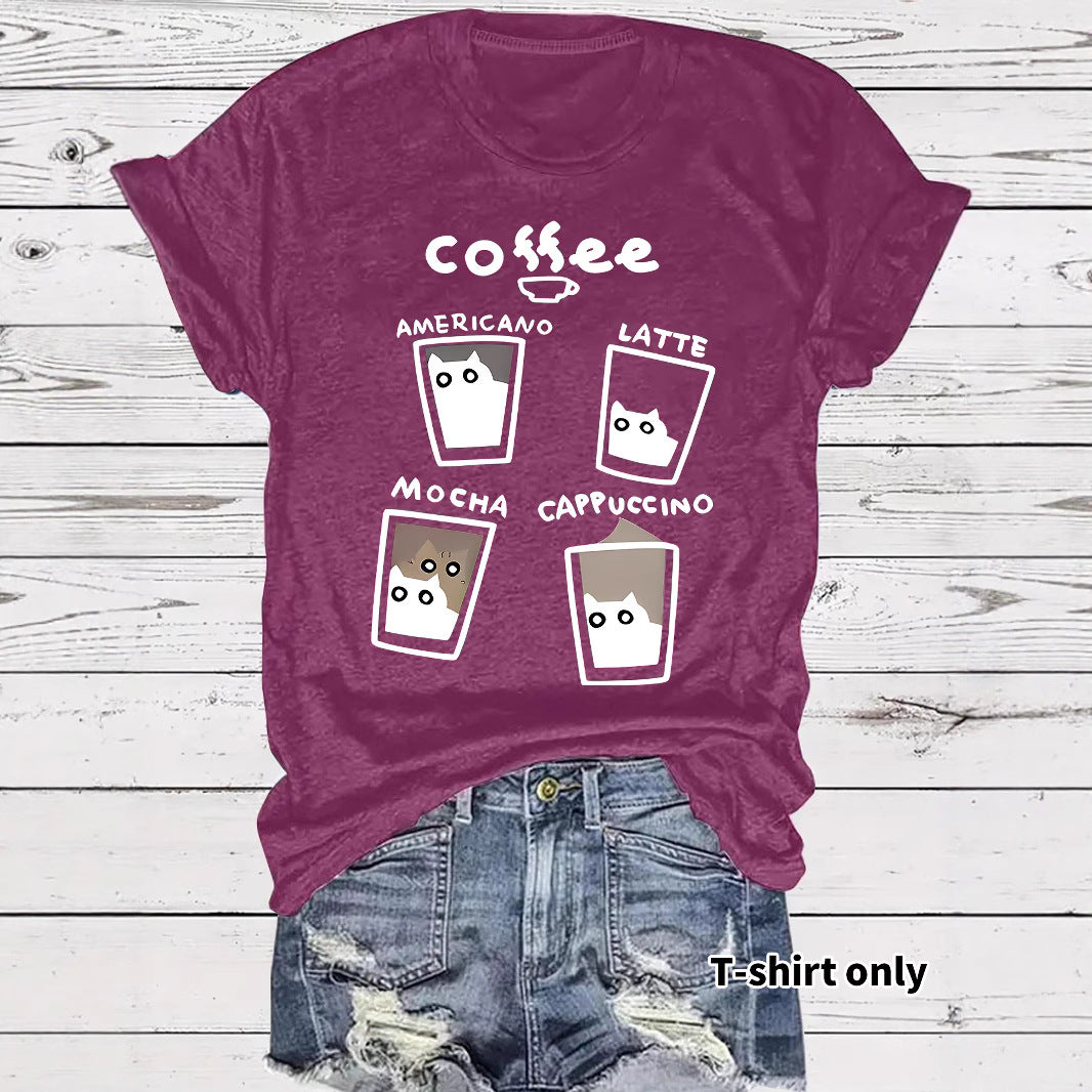 Short sleeved women's t-shirt coffee cup cat pattern print