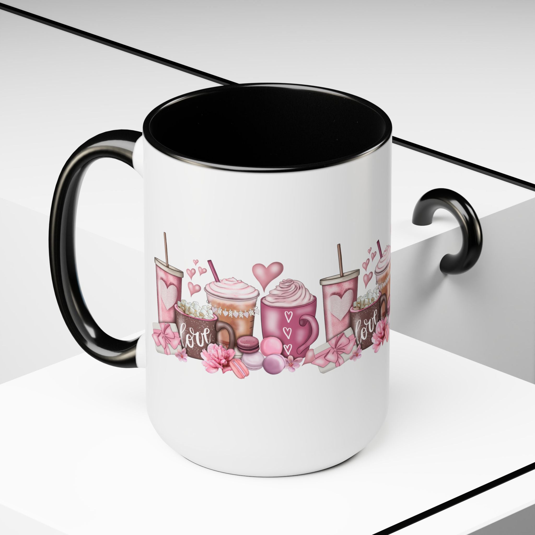 Love Coffee Two-Tone Coffee Mugs, 15oz #Coffee #HotCoffee HotCoffeeClothing.com #ValentinesDay