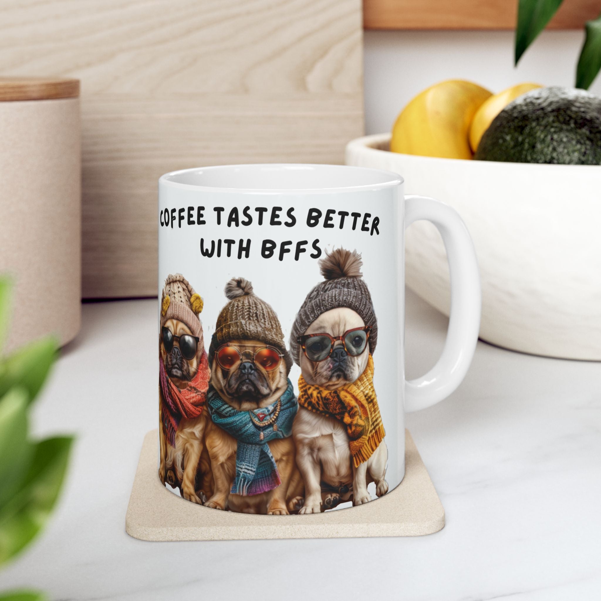 Coffee Tastes Better With Dogs Mug | Pug & Bulldog Winter Scarf Ceramic Mug