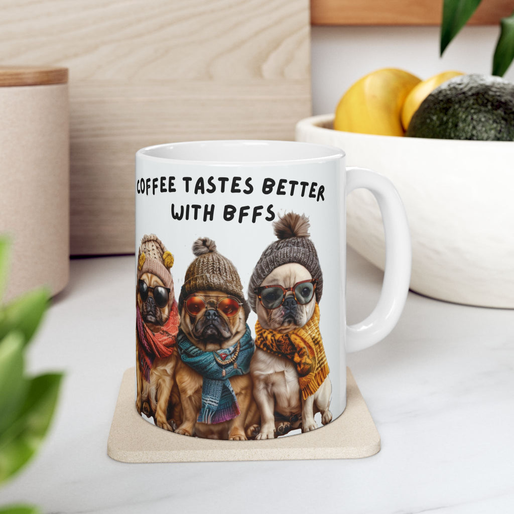 Coffee Mug — "Coffee Tastes Better With Pugs" Cute Pug Winter Beanie Ceramic Mug (11oz, 15oz)