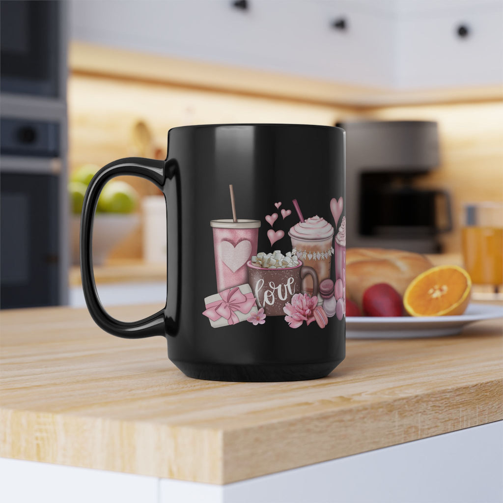 Valentine’s Coffee Love Black Mug — Pink Hot Chocolate & Cocoa Design (11oz/15oz)