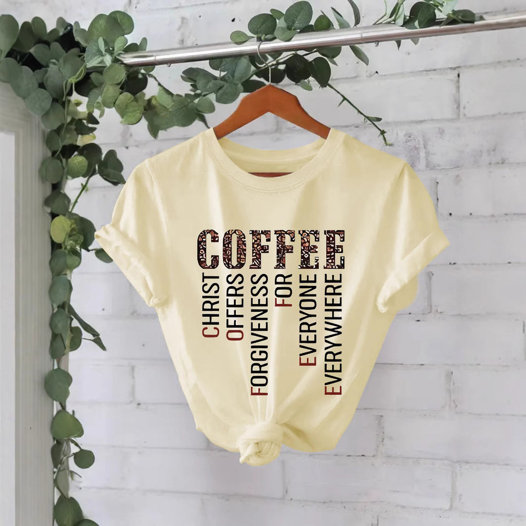 COFFEE printed pure cotton round neck loose short sleeved shirt
