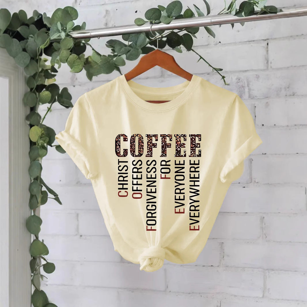 COFFEE printed pure cotton round neck loose short sleeved shirt