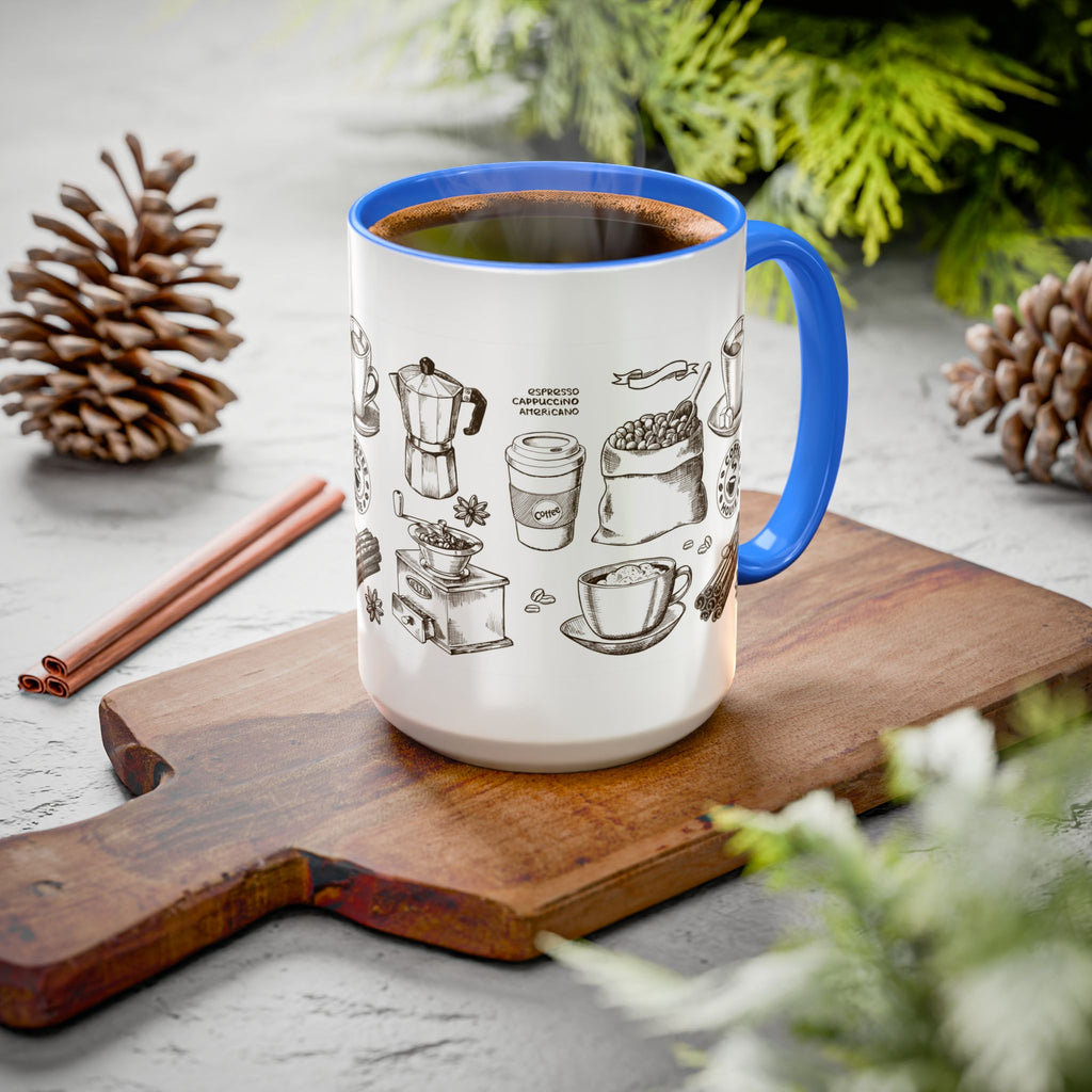 Coffee Pattern Mug — Illustrated Coffee Beans & Brewing Tools (11oz/15oz)