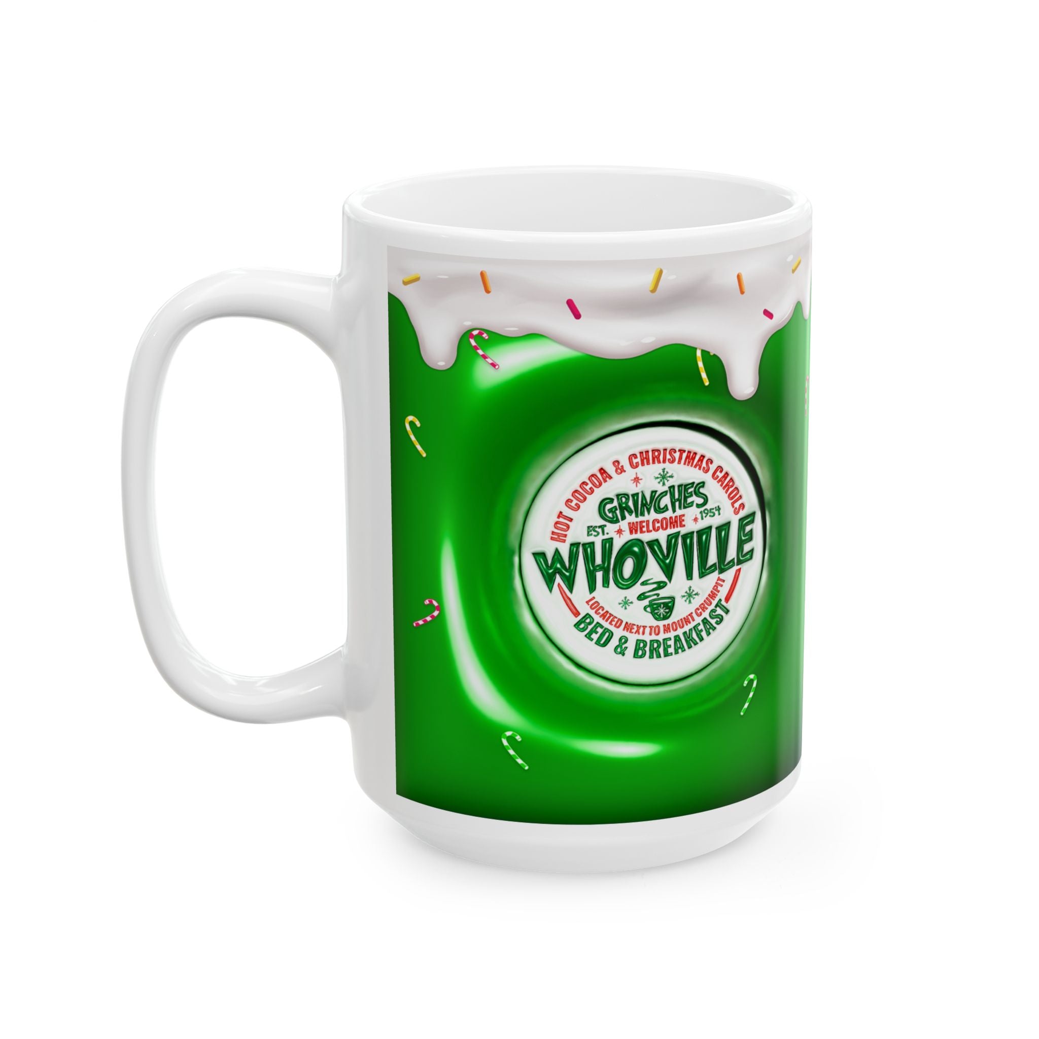 Whoville Christmas Dripping Frosting Mug | Holiday Green Candy Cane Ceramic Mug