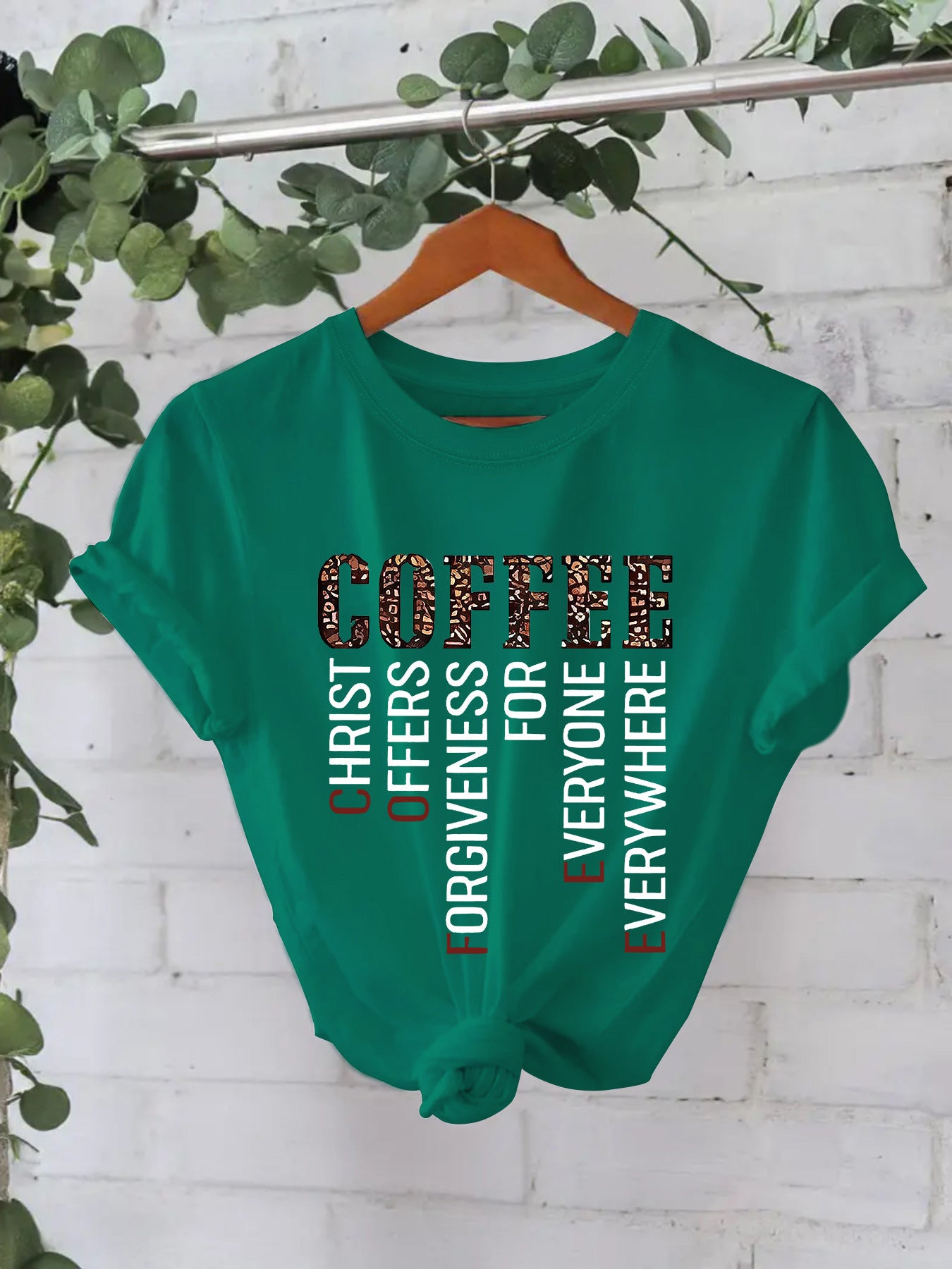 COFFEE printed pure cotton round neck loose short sleeved shirt