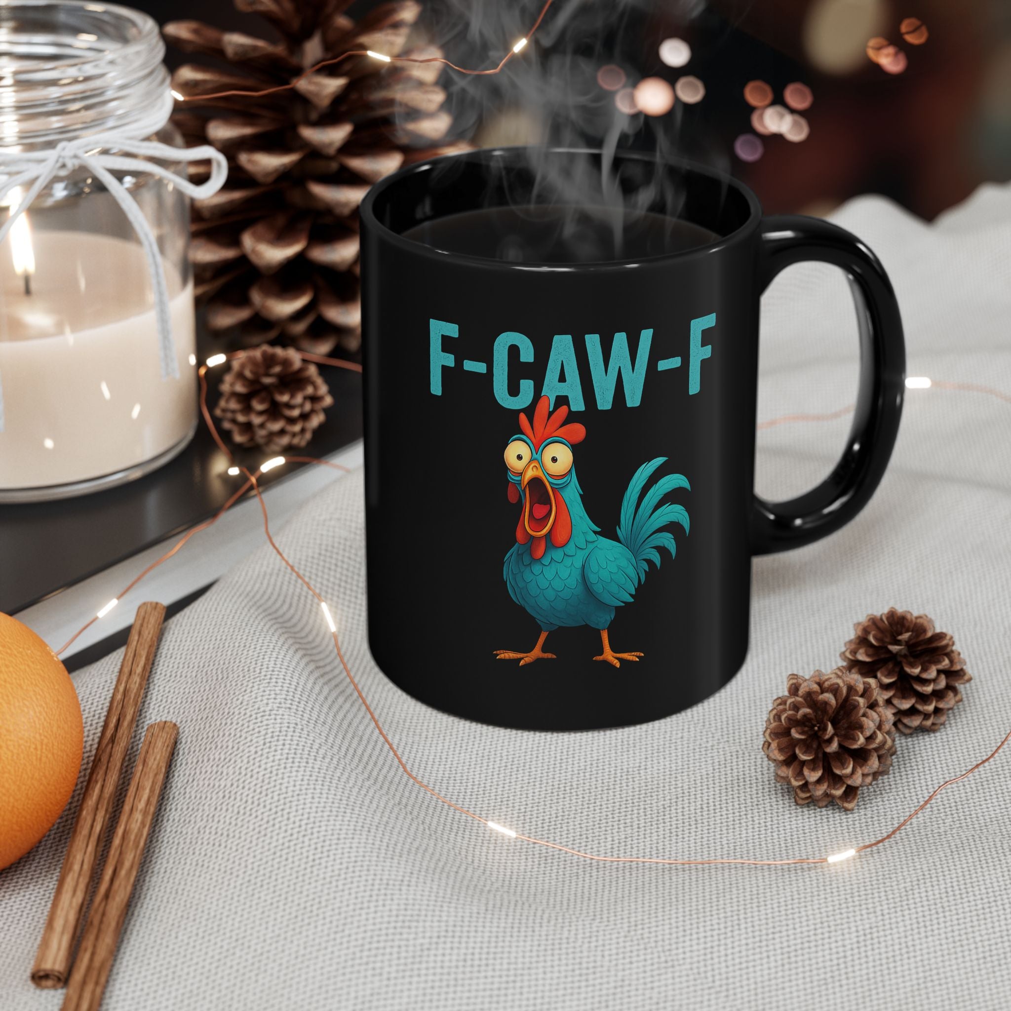 F-CAW-F Rooster Coffee Mug — Funny Farm Animal Black Mug