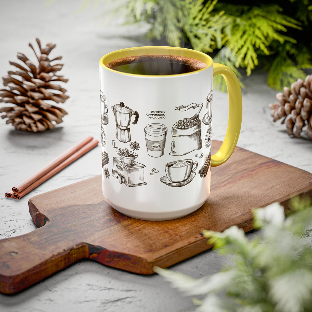 Coffee Pattern Mug — Illustrated Coffee Beans & Brewing Tools (11oz/15oz)