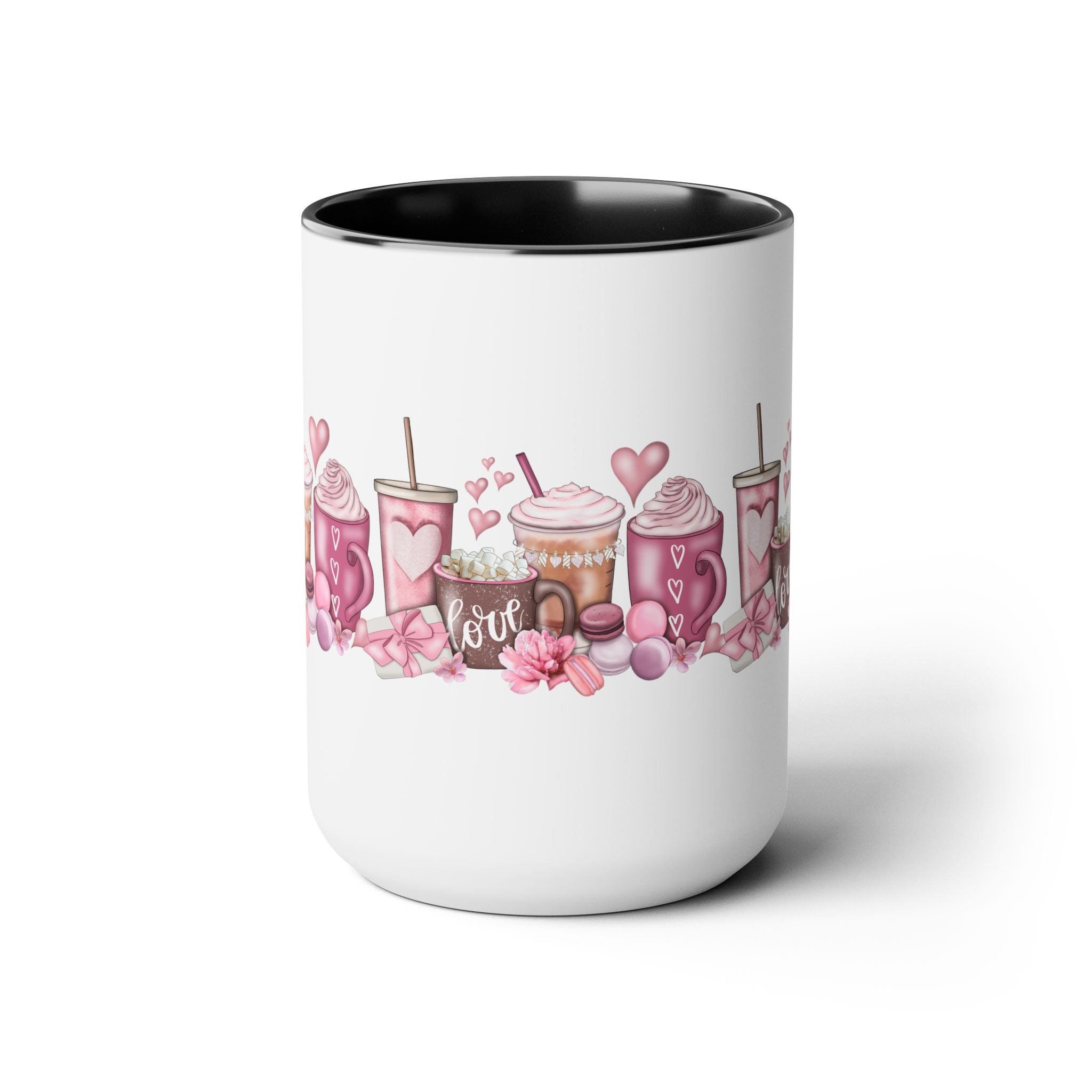 Love Coffee Two-Tone Coffee Mugs, 15oz #Coffee #HotCoffee HotCoffeeClothing.com #ValentinesDay