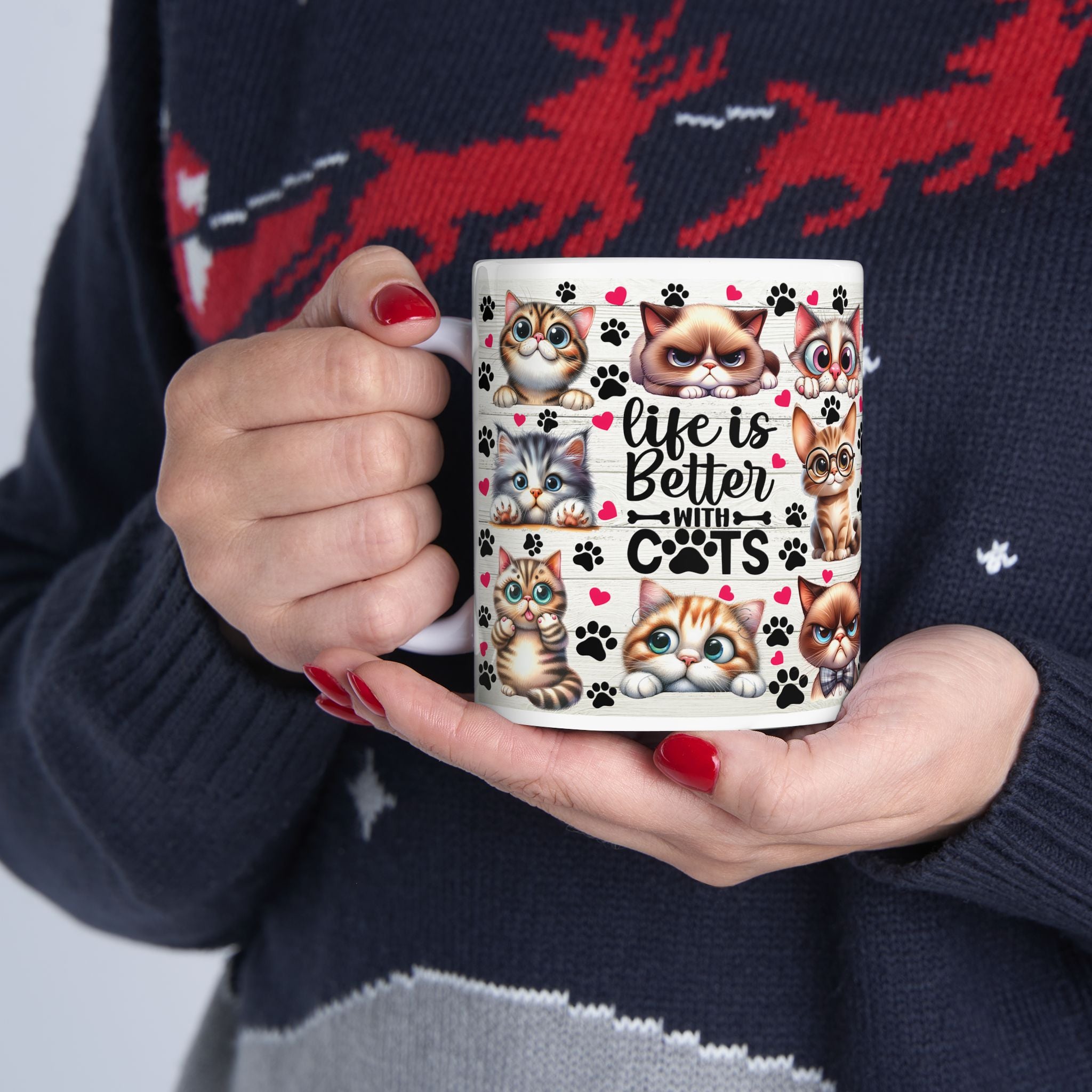 Cute Kawaii Cats Pattern Mug | Cat Paw Prints Ceramic Coffee Cup